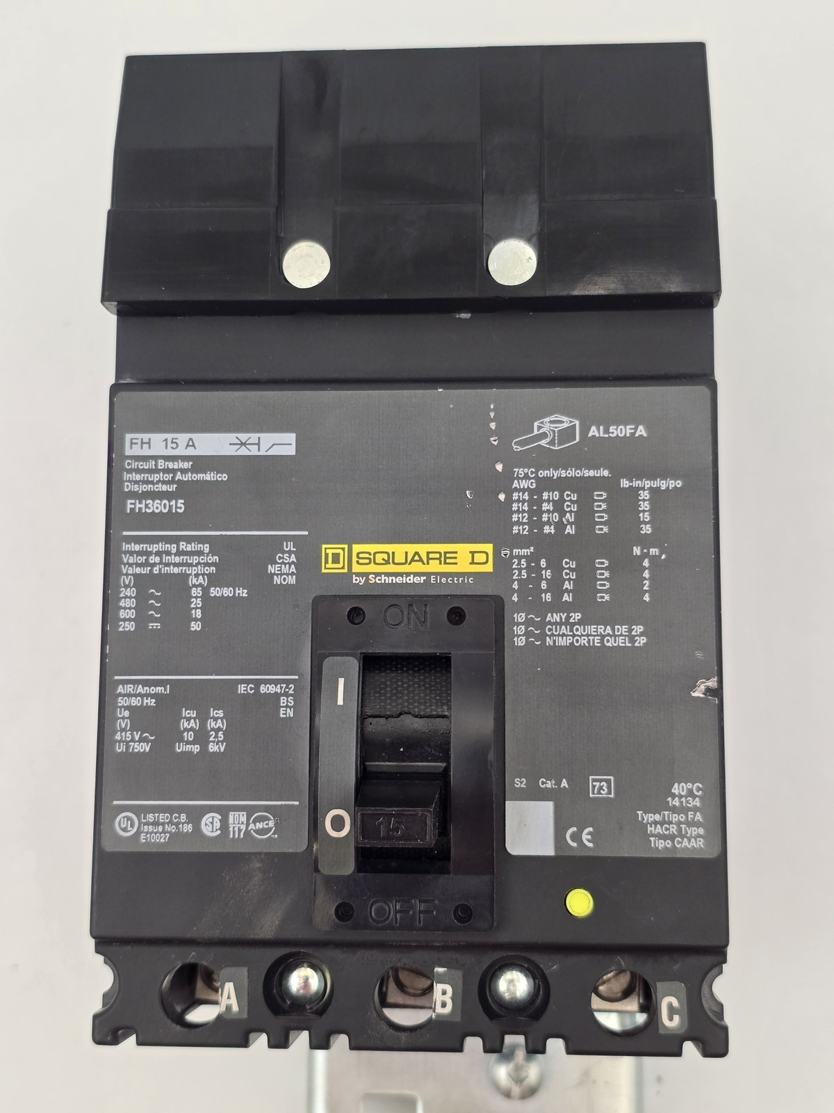 Square D FA36015 I-Line Circuit Breaker 15A 600VAC 3P Type FA 1PH NOS