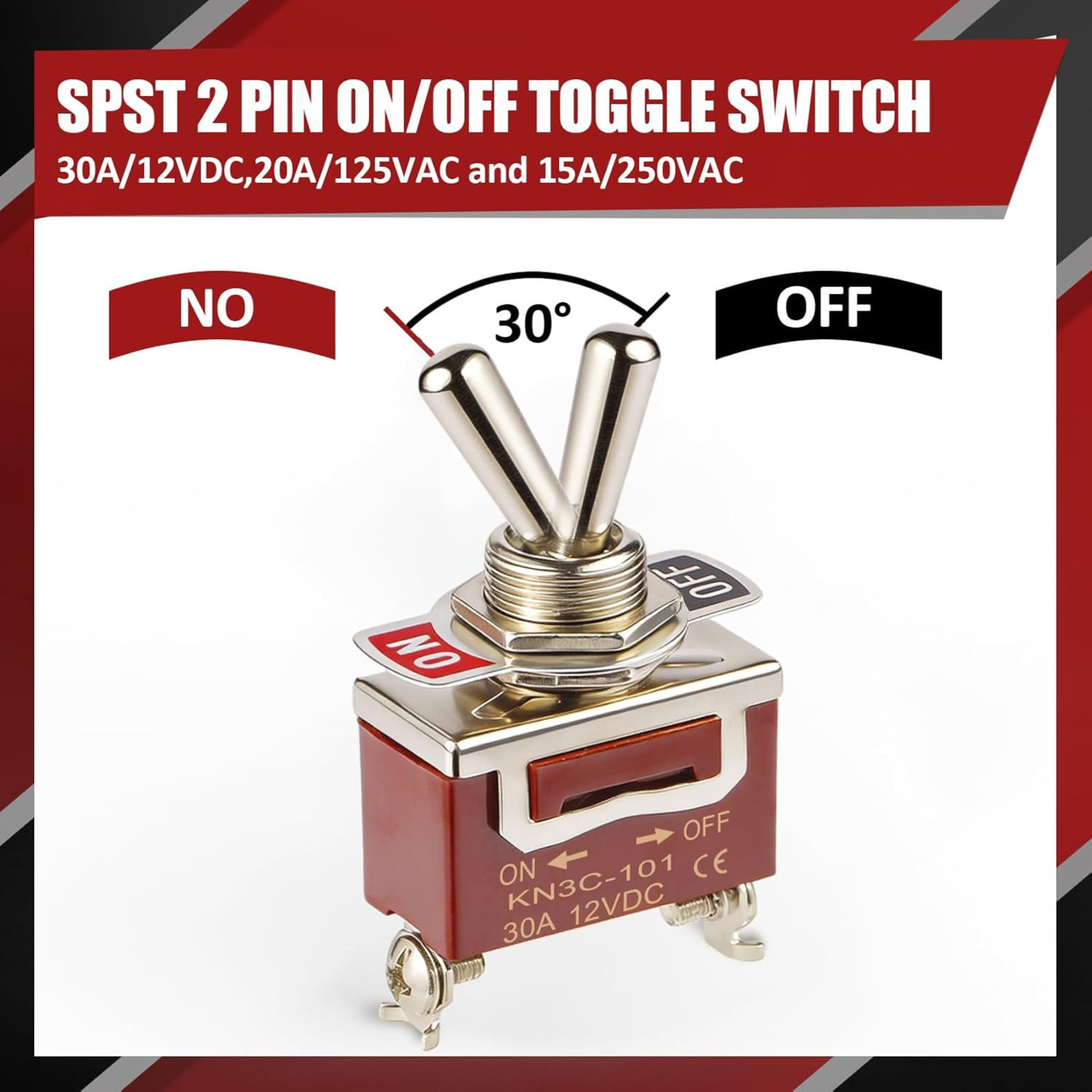 Waterproof Toggle Switch, Durable 12V 30A SPST 2Pin On/Off Heavy Duty Waterproof