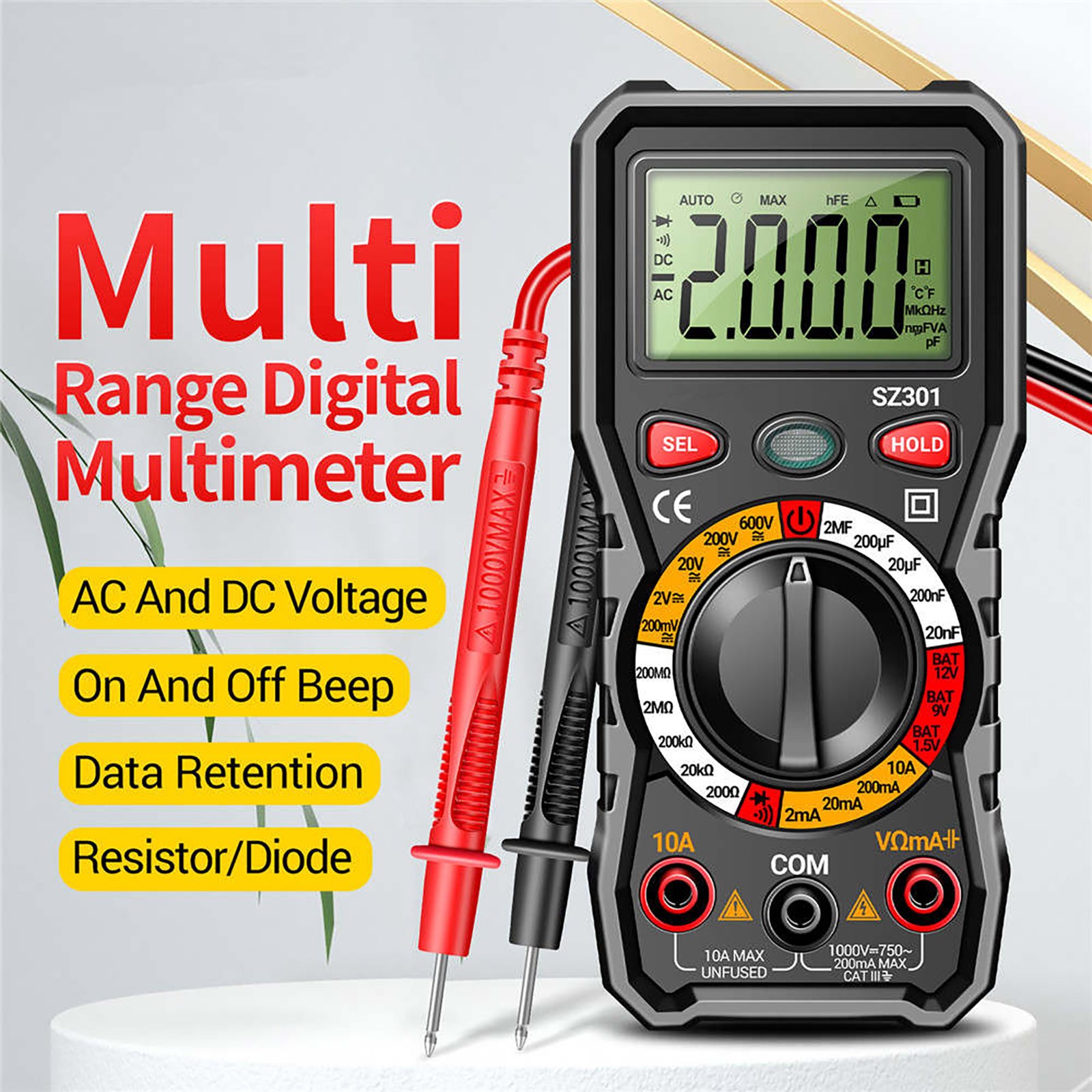 Portable Digital Multimeter Auto-Ranging AC DC Voltage Resistance Diode Test