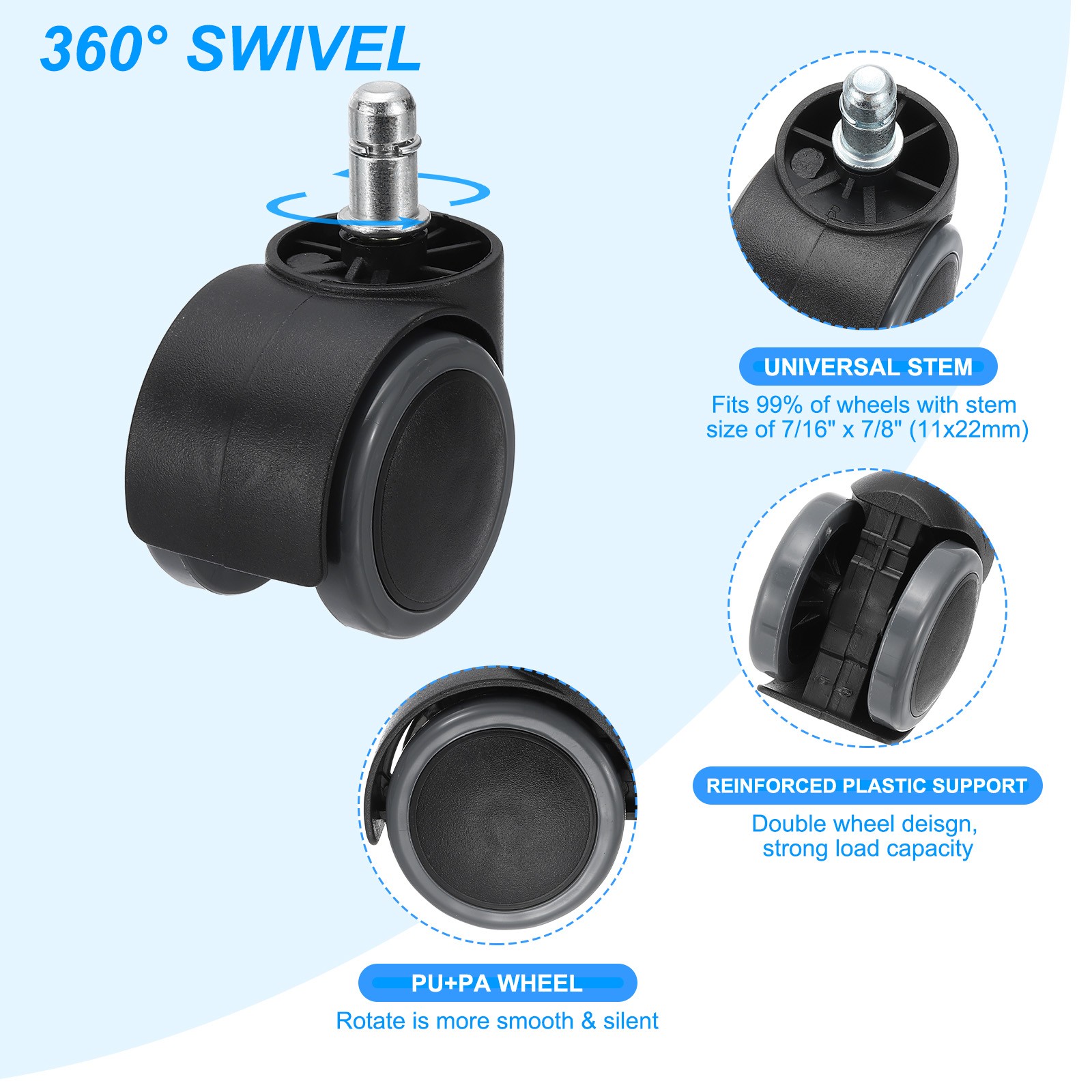 2 Inch Gaming Chair Wheels Replacement Quite Swivel Stem Caster Gray