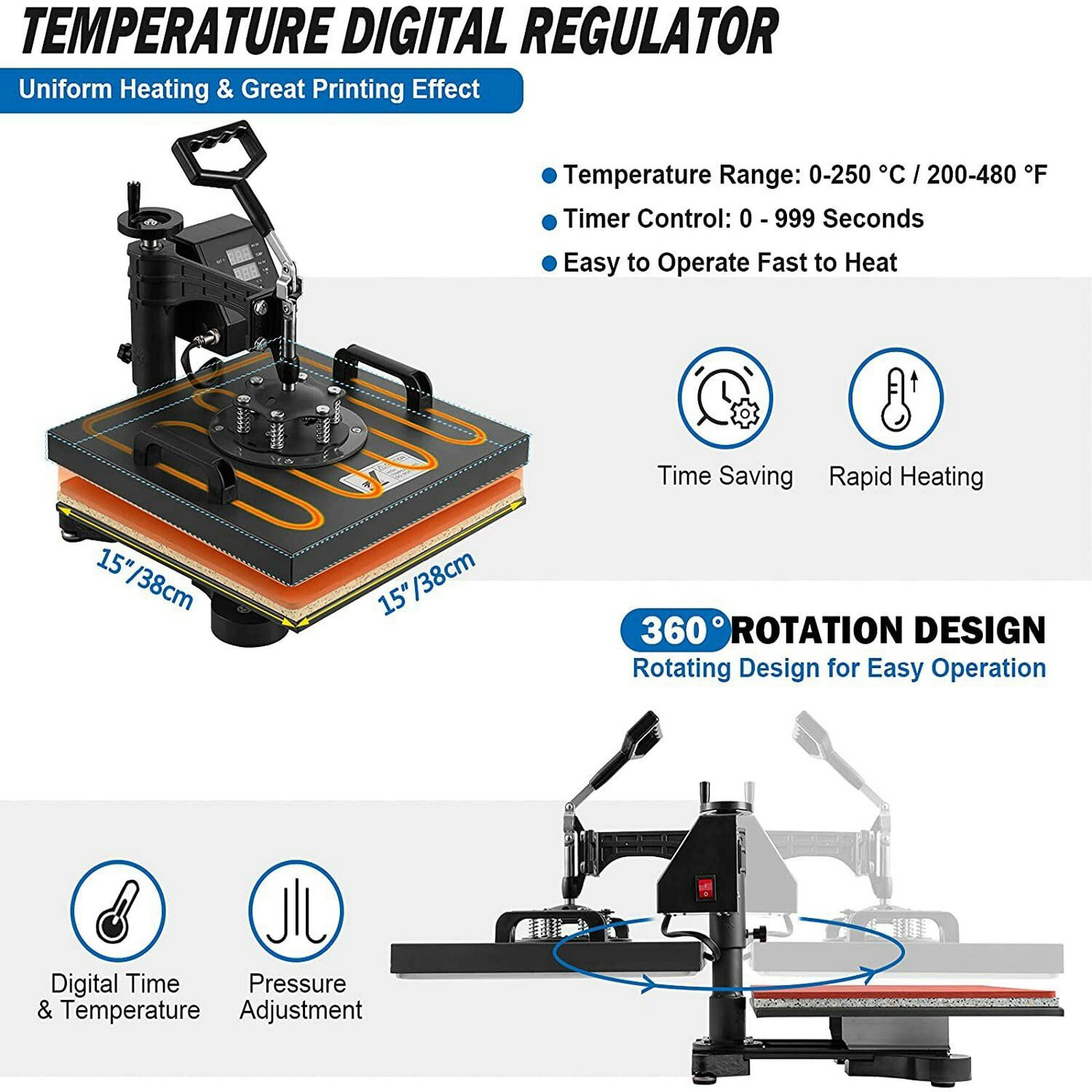 8 IN 1 Combo T-Shirt Heat Press 15″x15″ Transfer Machine Sublimation Swing Away