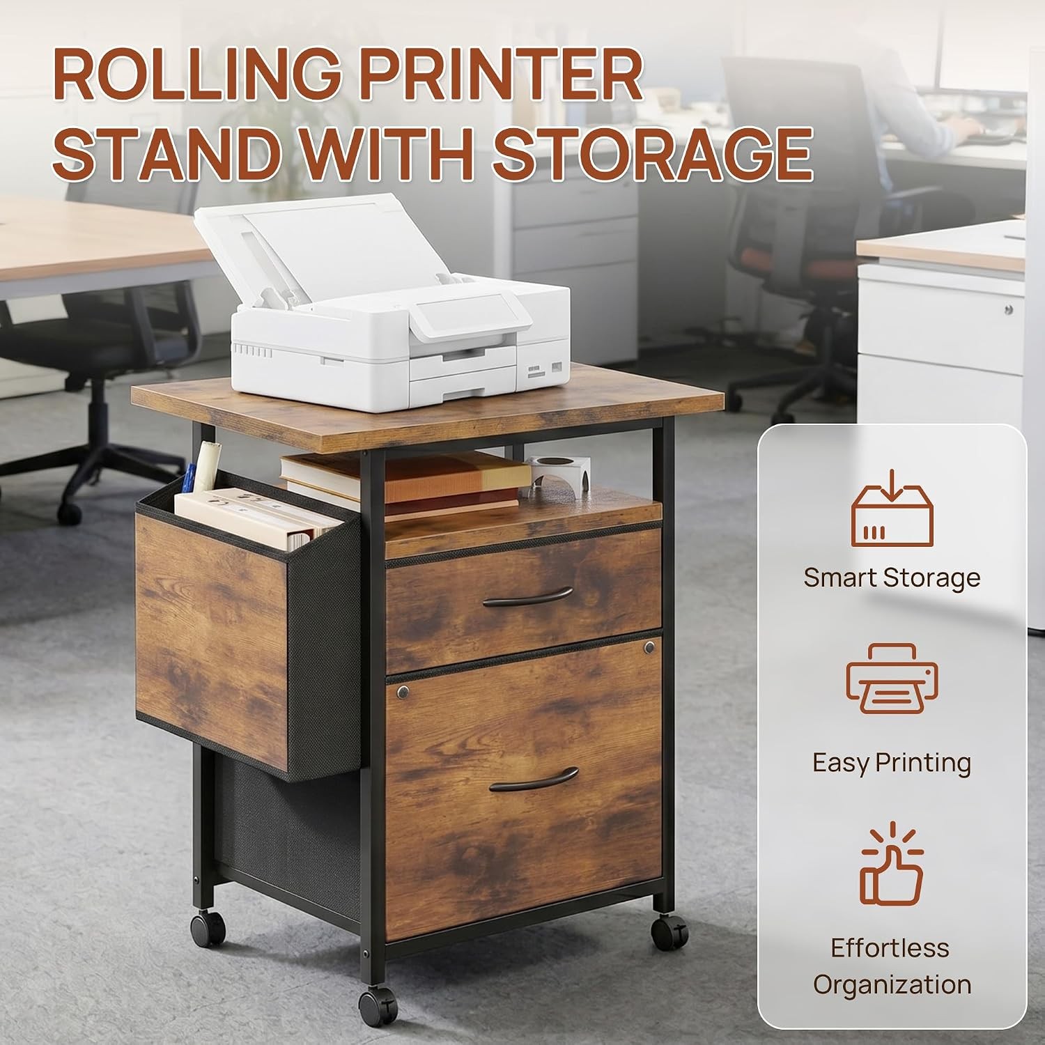 File Cabinets for Home Office, Small Printer Stand with Storage, Rolling Filing