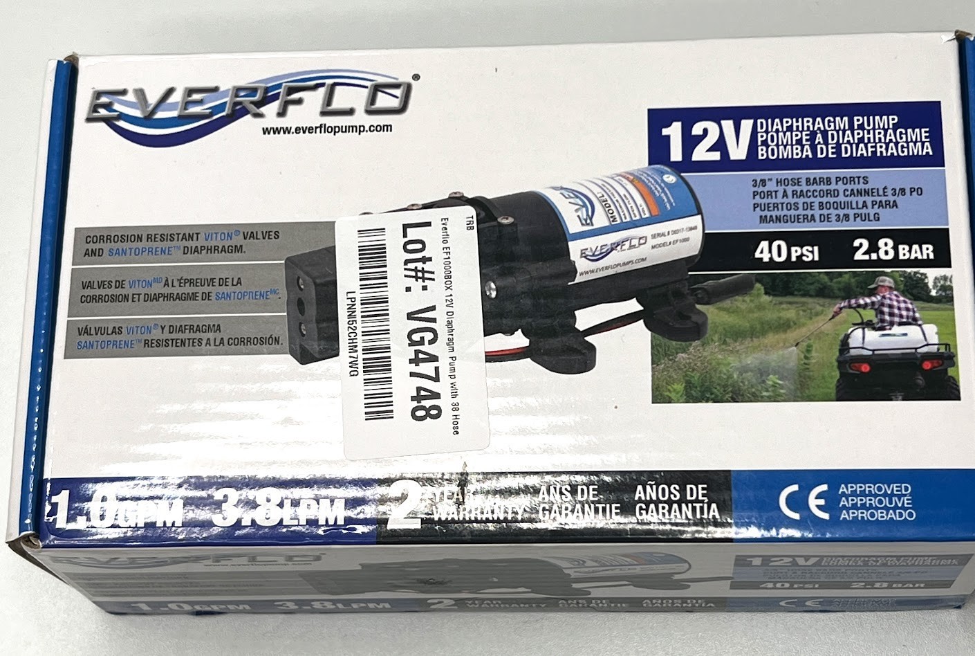 Everflo EF1000-BOX 12V Diaphragm Pump 1.0 GPM 40 PSI 3/8″ Hose Barb