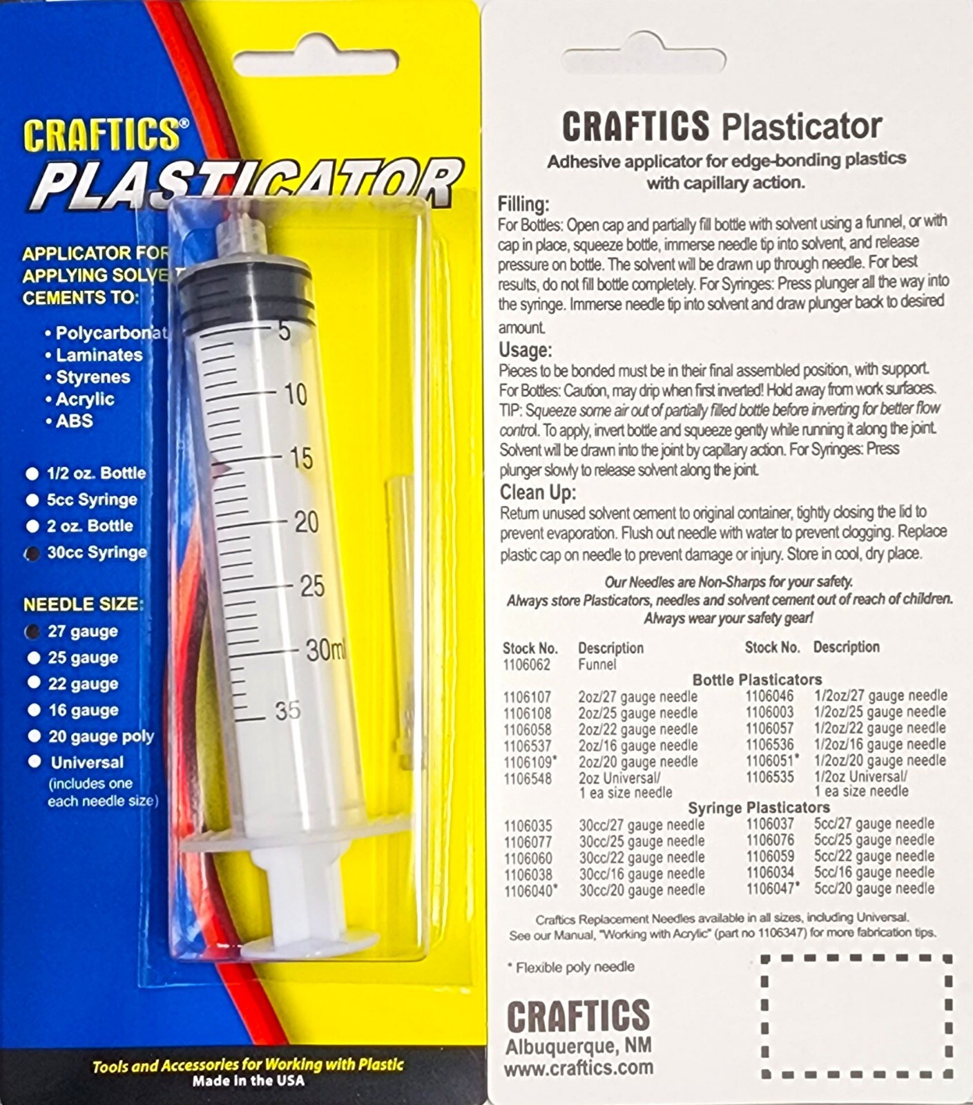 Craftics 30cc Plasticator Syringe with 27 Gauge Needle (Applicator for Solvent)