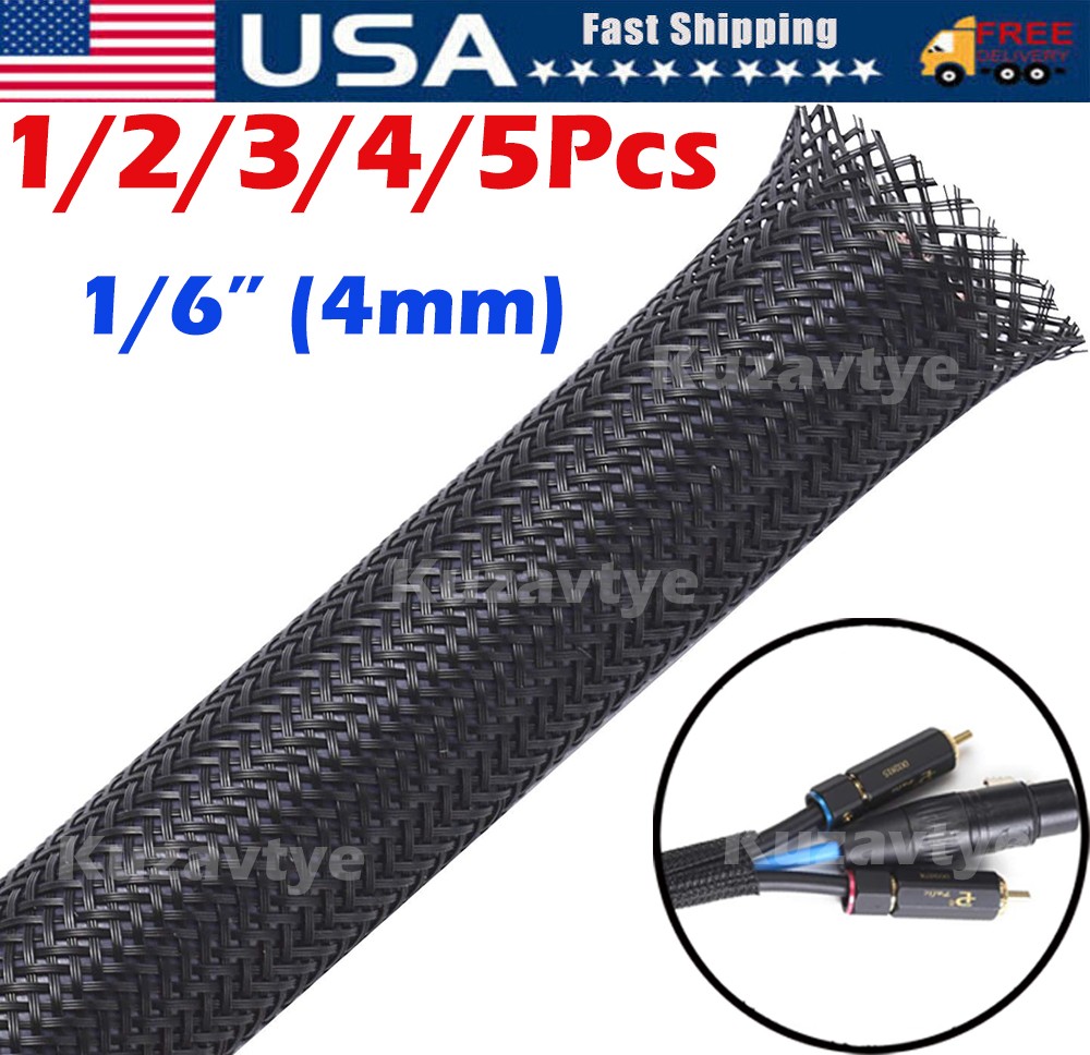 5M 1/4″ 3/4″ 1/2″ PET Expandable Braided Sleeving – Black Braided Cable Sleeve
