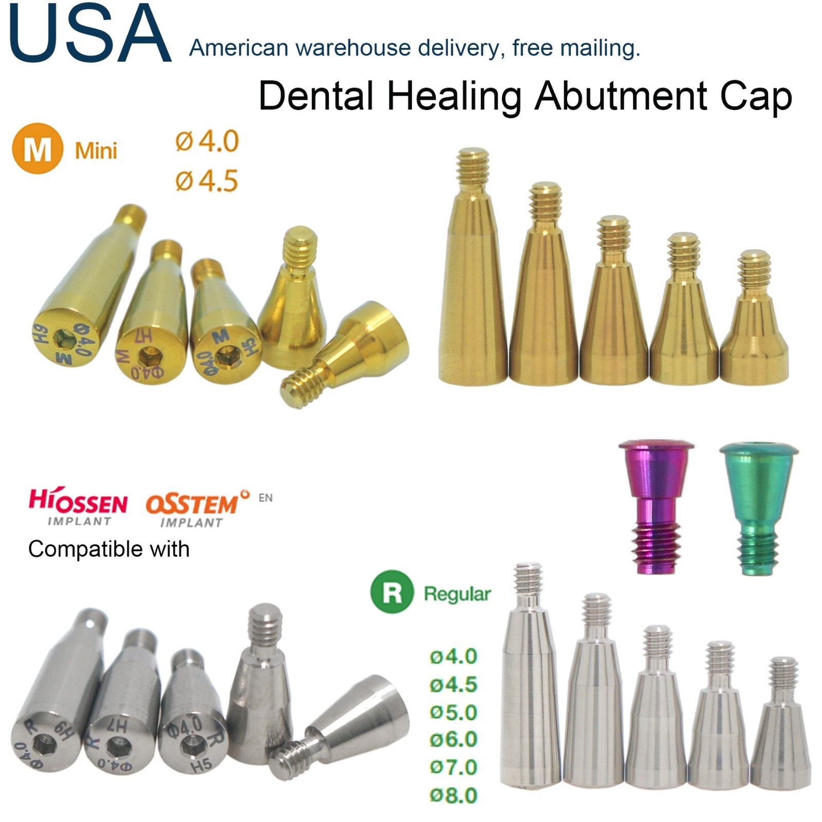 US Dental Healing Abutment Cap Mini Regular Platform Fits Ostem Hiossen Implant