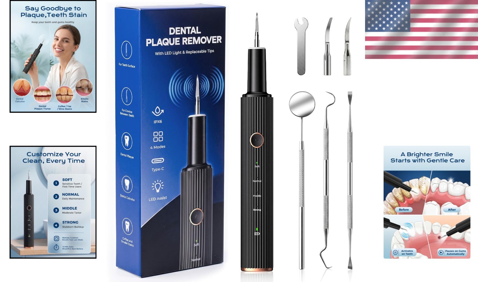 Teeth Cleaning Kit Electric Ultrasound Tartar Remover with LED Light 4 Modes