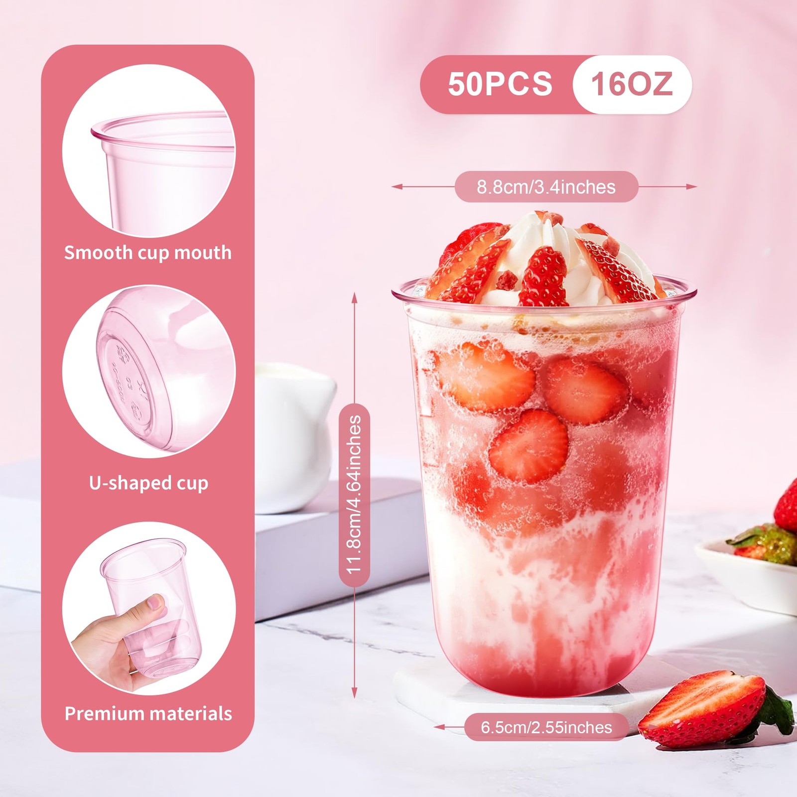 50 Pcs Pink Plastic Cups, 16oz Disposable Stemless Wine Glasses Pink Clear Dr…