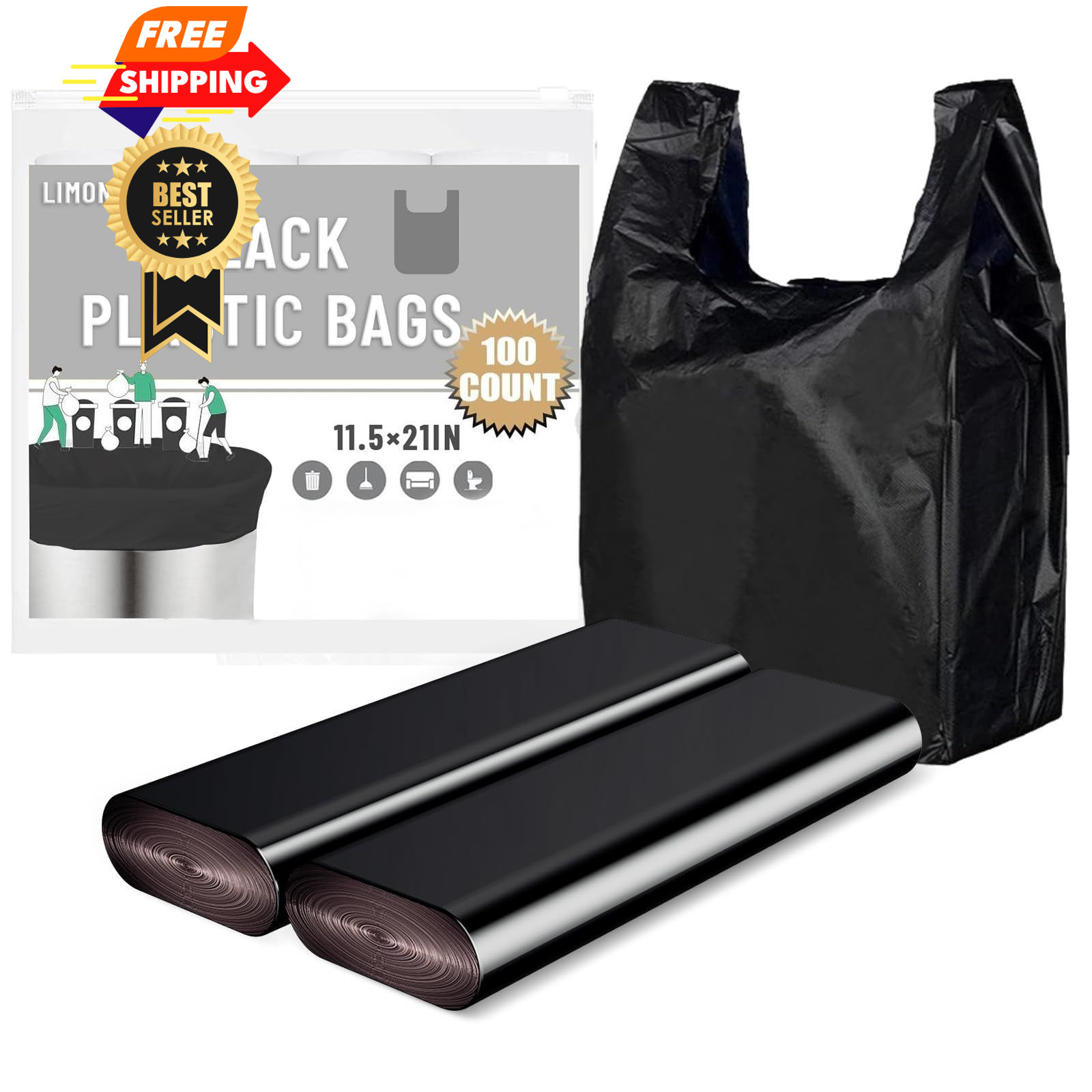 LimonLaviu Black Plastic Grocery Bags, 100 Pack, 1 Count (Pack of 100),