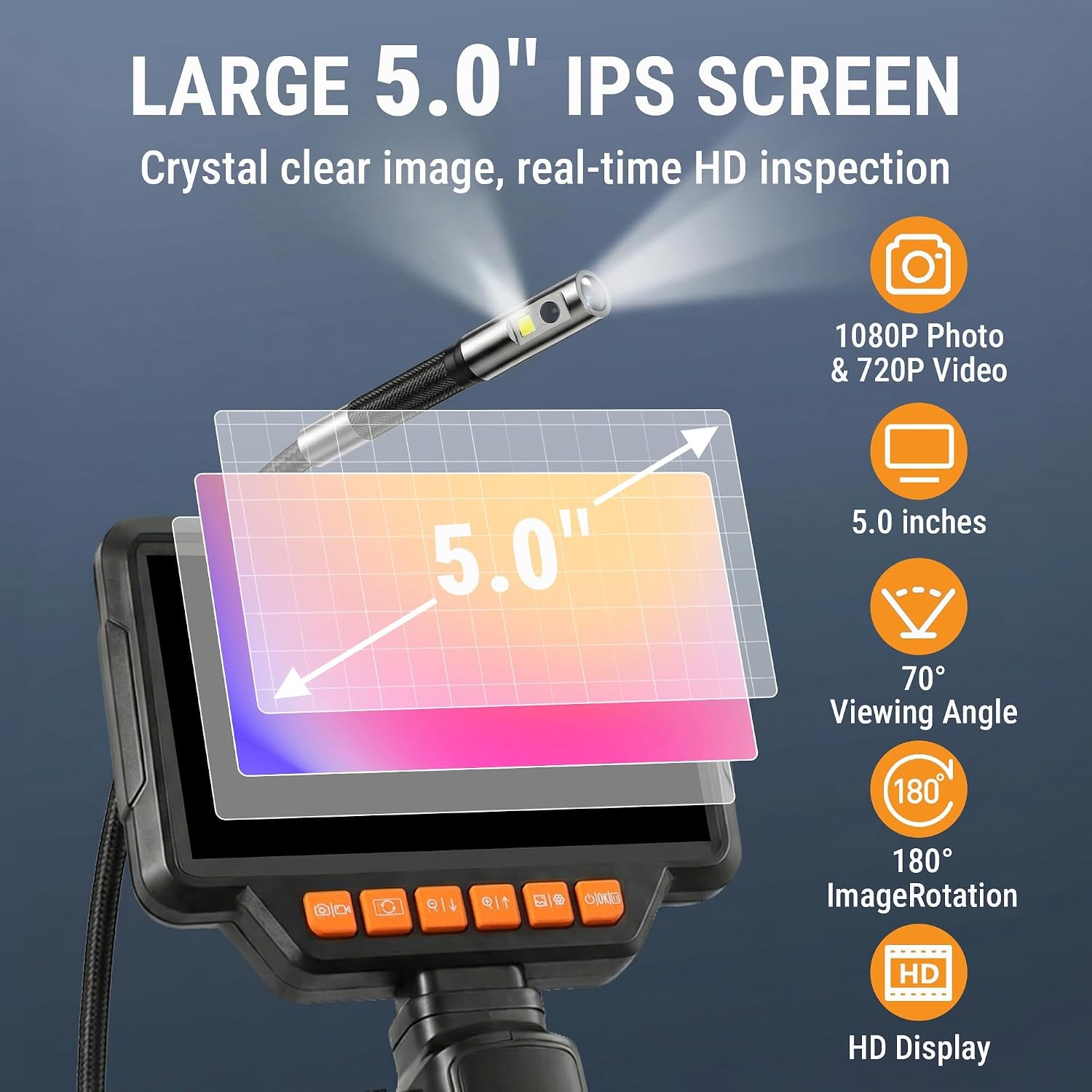 4.9FT Dual Lens Articulating Borescope Camera with 5″ IPS Screen, 720P HD