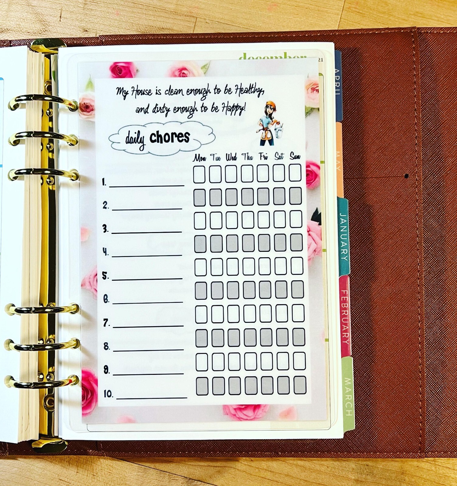 Daily Chores Cleaning Dashboard Insert 4 use with ErinCondren A5 Ring Agenda