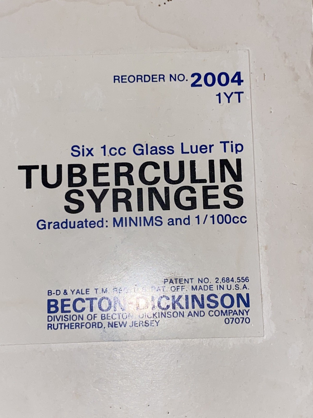 (6) Becton-Dickinson Yale 1cc glass Luer tip tuberculin syringes