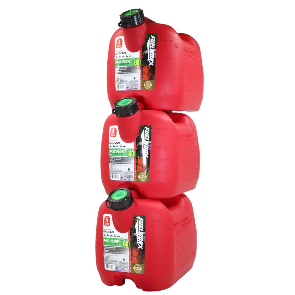 Fuelworx Red 5 Gallon Stackable Fast Pour Gas Fuel Can CARB Compliant 3-Pack