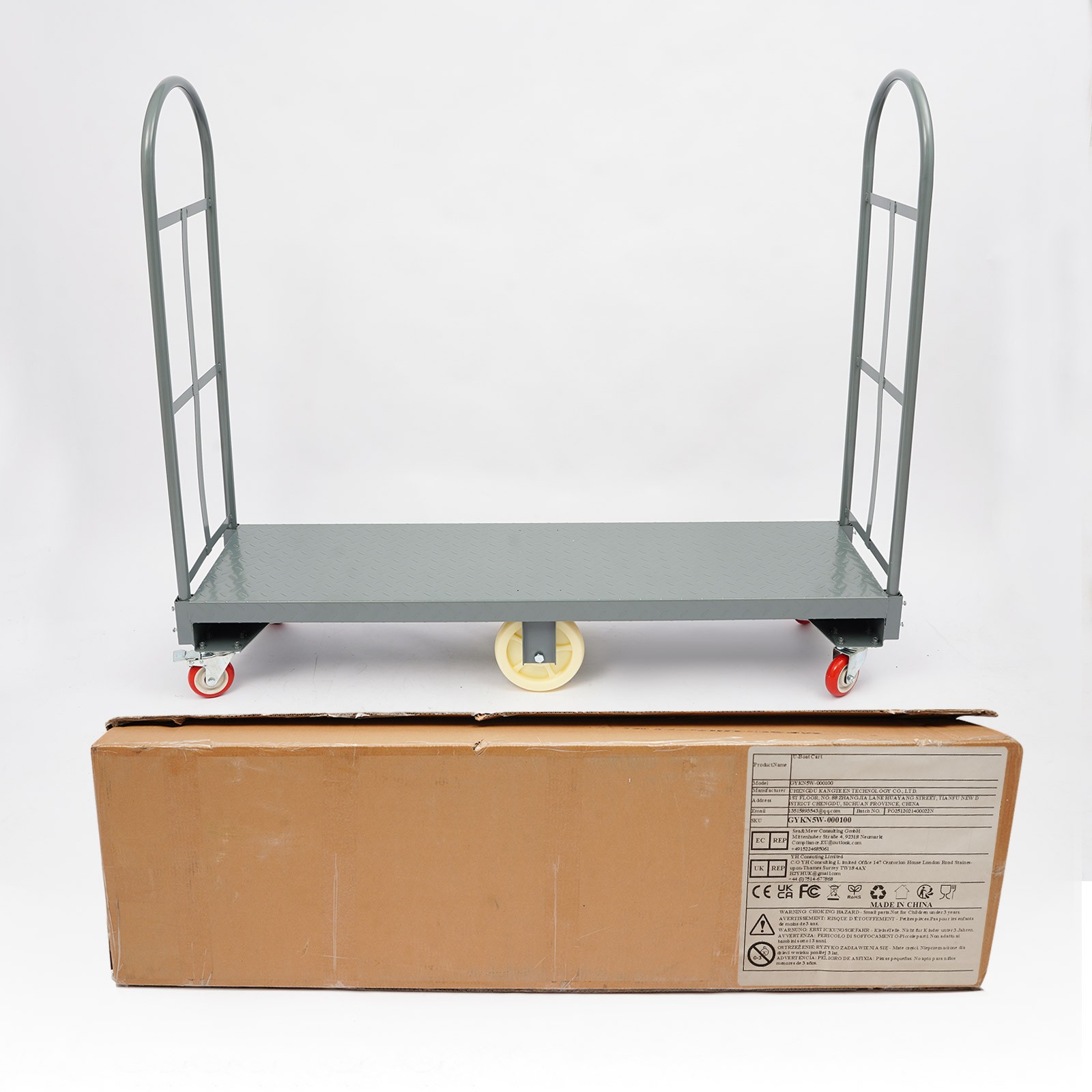 Q235 Steel U-boat Platform Dolly Warehouse Shipping Manual Cart Load 2000lb Grey