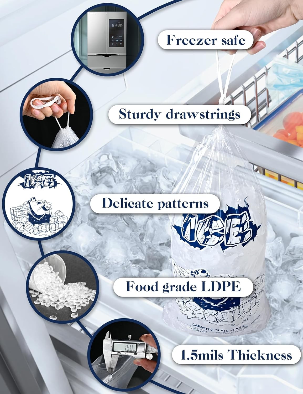 Ice Bags 5lb with Drawstring50 Pack Plastic Ice Bags for Ice Storage
