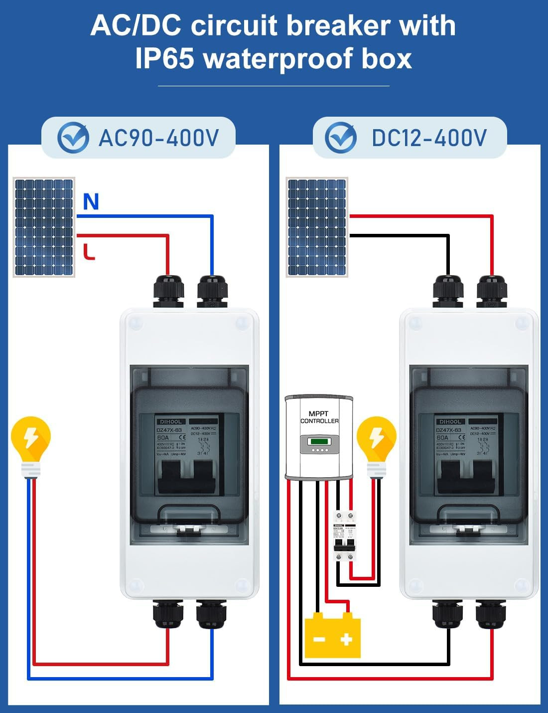 IP65 Solar DC AC Circuit Breaker 60A 2 Pole PV Disconnect Switch Box