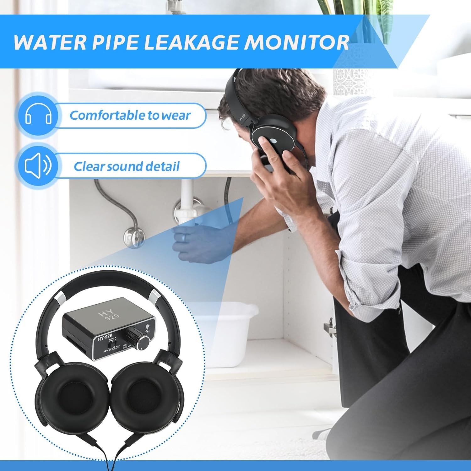 Precision Water Leak Detector with Dual Probes & High-Definition Audio Earphones