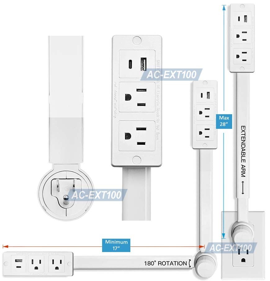 AC Outlet Extender With 2 AC Outlets + 2 USB Charging Ports Max 28″ Long