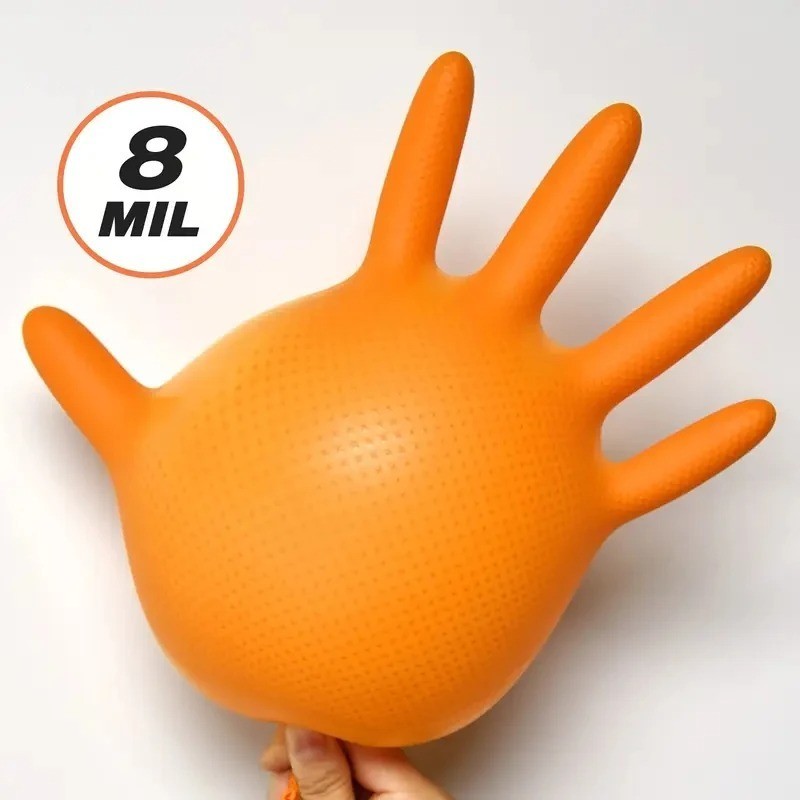 Heavy Duty 8 Mil Orange Nitrile Work Gloves Raised Diamond Texture Industrial