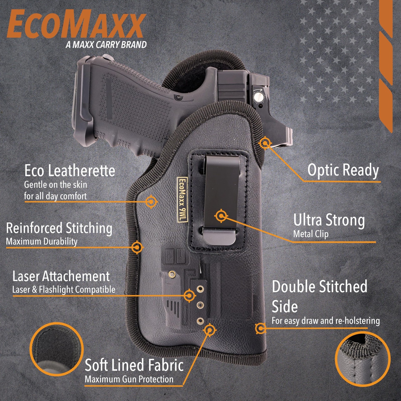 MAXX CARRY IWB Gun Holster Soft Leatherette Optic Ready Fits Sub Compacts Right