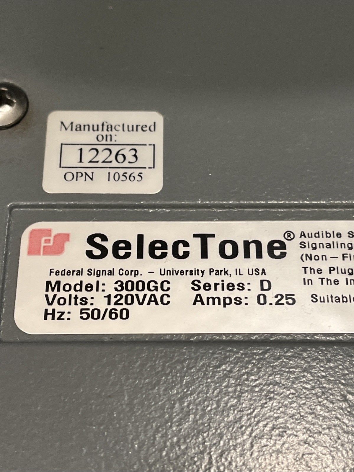 Federal Signal SelecTone 300GC Series D 120VAC Speaker Horn No Tone Module Lot A