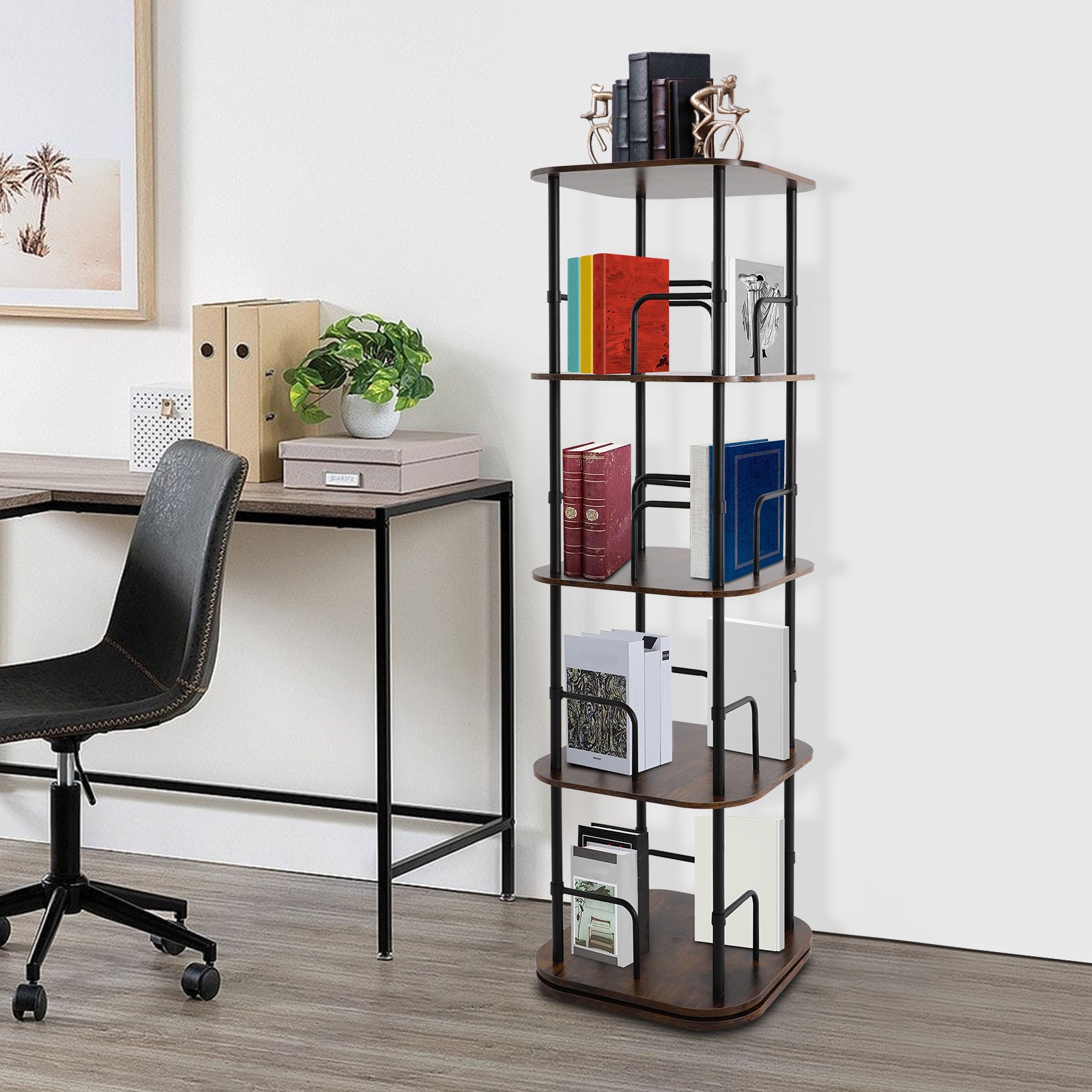 4-Tier Rotating Bookshelf, Book Storage Shelf, Floor Standing Rotating Bookshelf