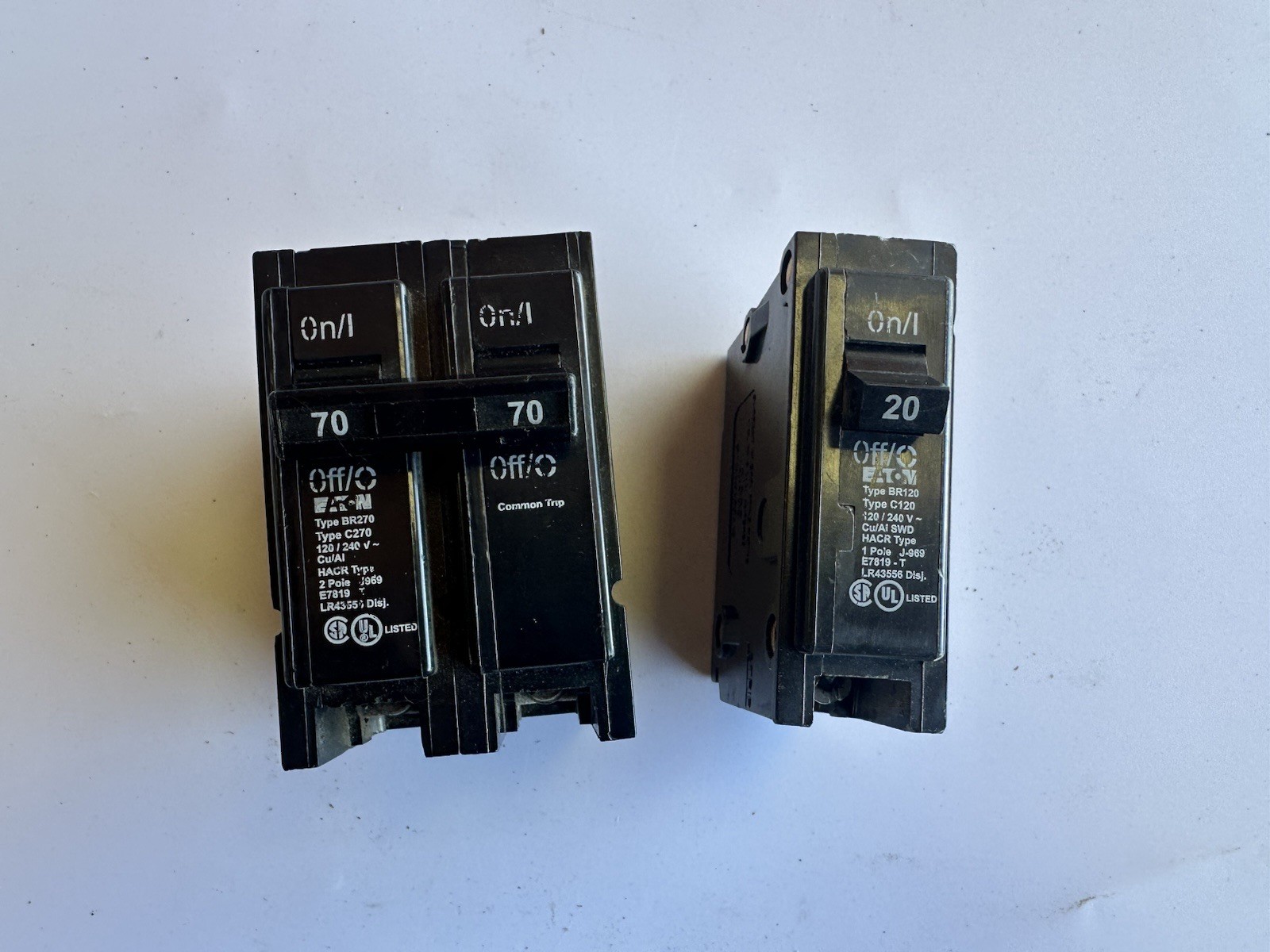 LOT OF 2* EATON BR270 70 Amp & BR120 20 Amp 2 & 1 Pole Circuit Breaker