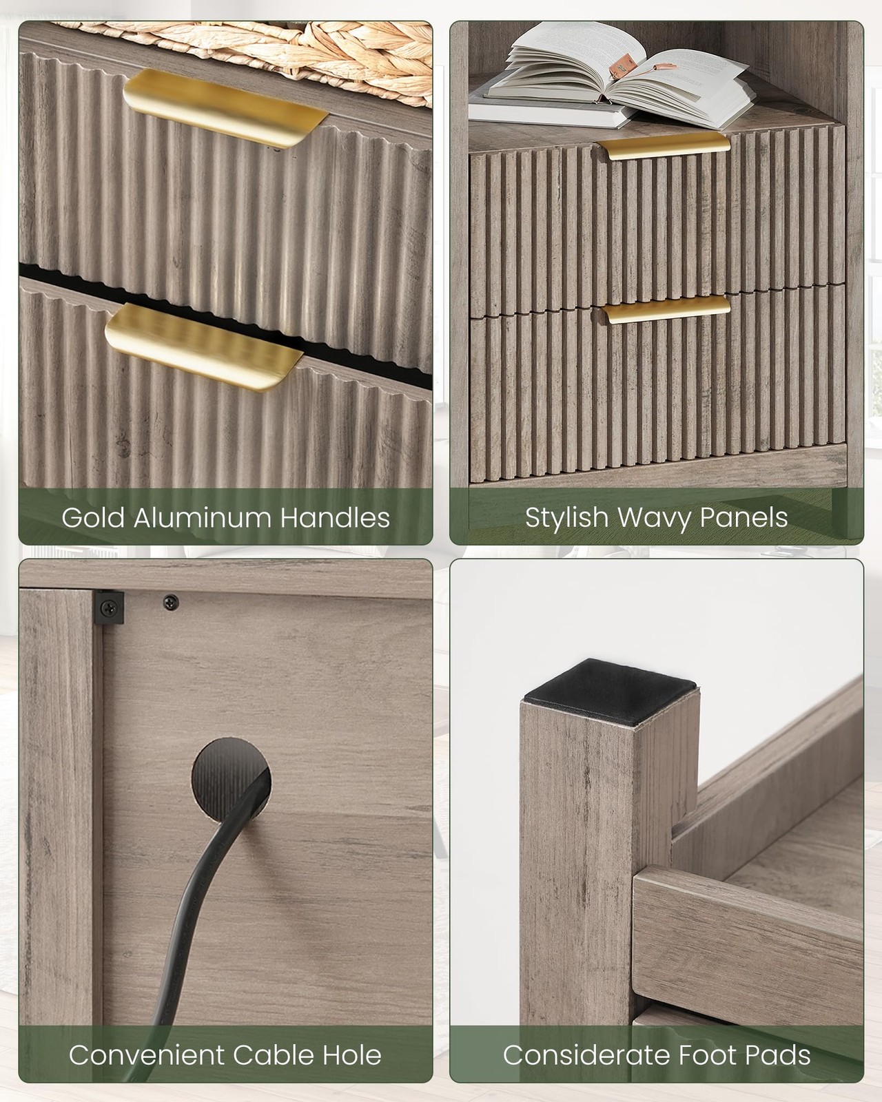 Fluted Nightstand Set of 2 with Charging Station and 2 Drawers
