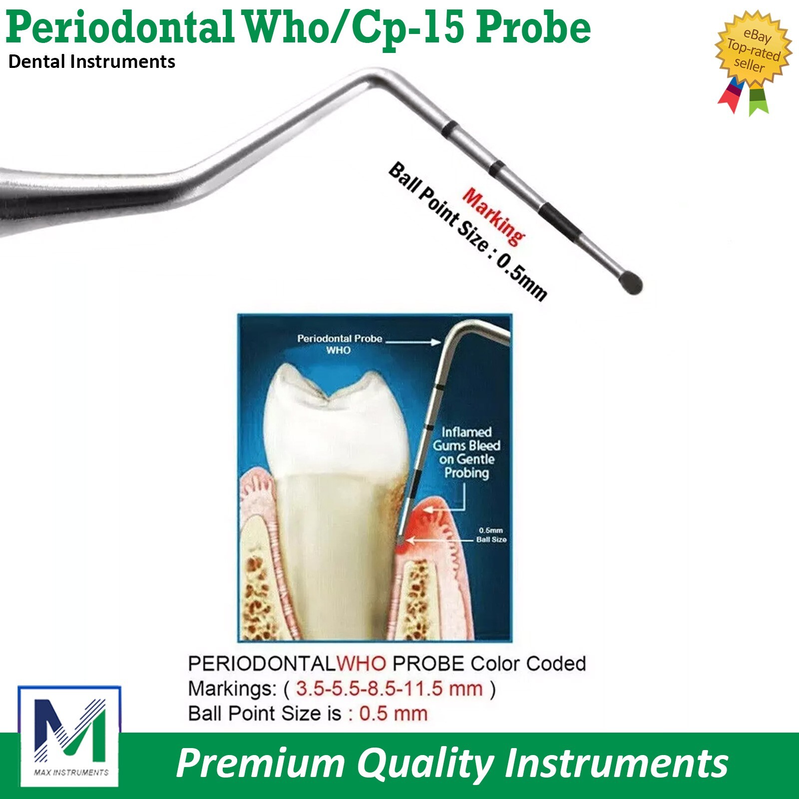 Dental Periodontal Probes UNC-15, WHO Ball Ended BPE Probe Markings Color Coated