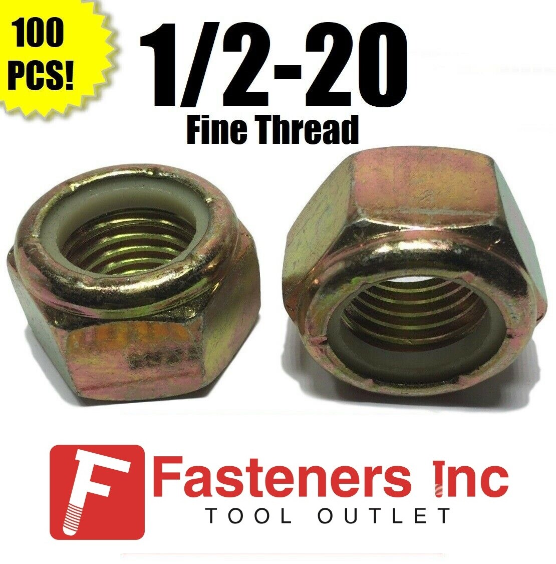 (Qty 100) 1/2-20 Fine Grade 8 Nylon Insert Lock Nuts Nylock Yellow Zinc Plated