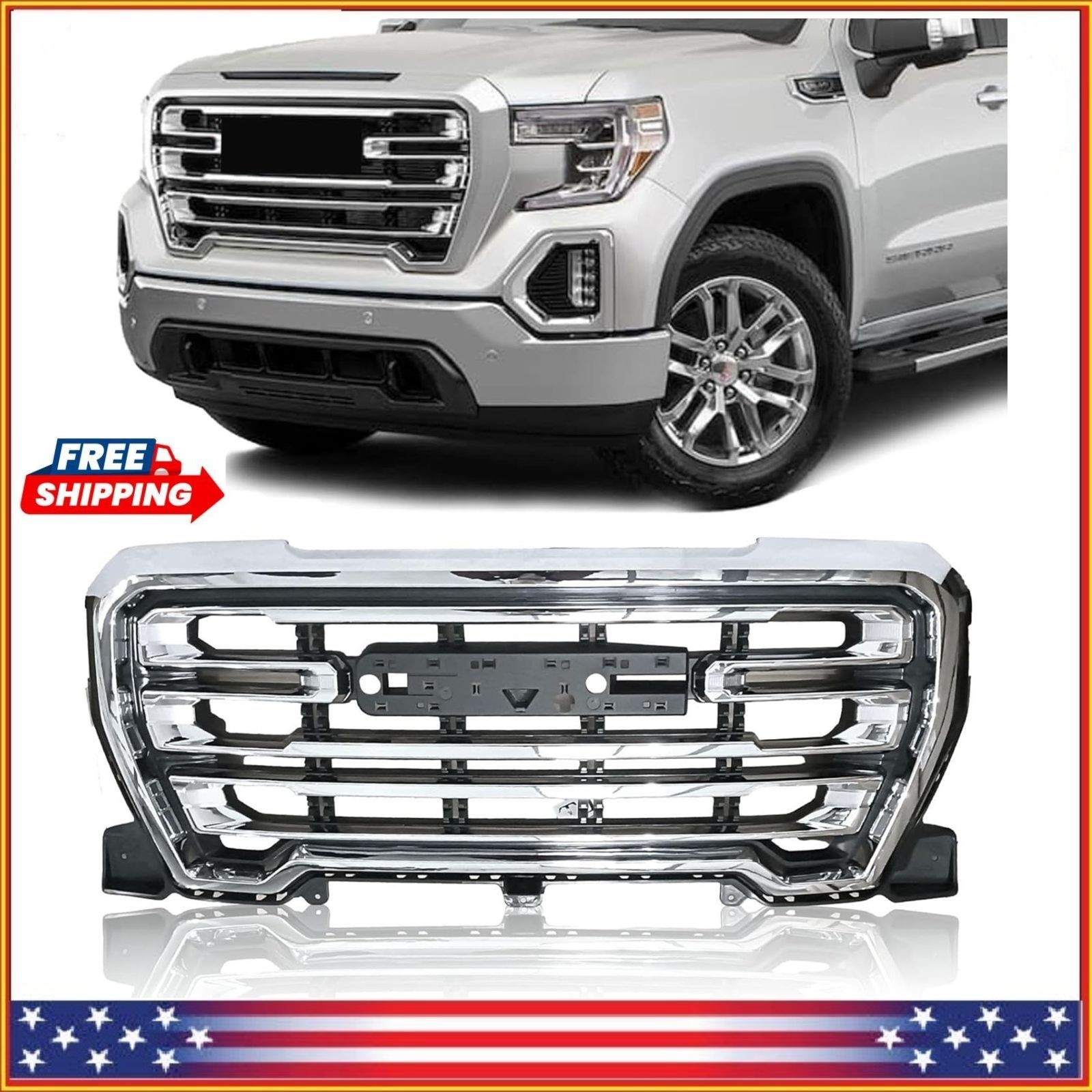 Front Upper Grille for 2019 2020 2021 2022 GMC Sierra 1500 Chrome Grill Bumper