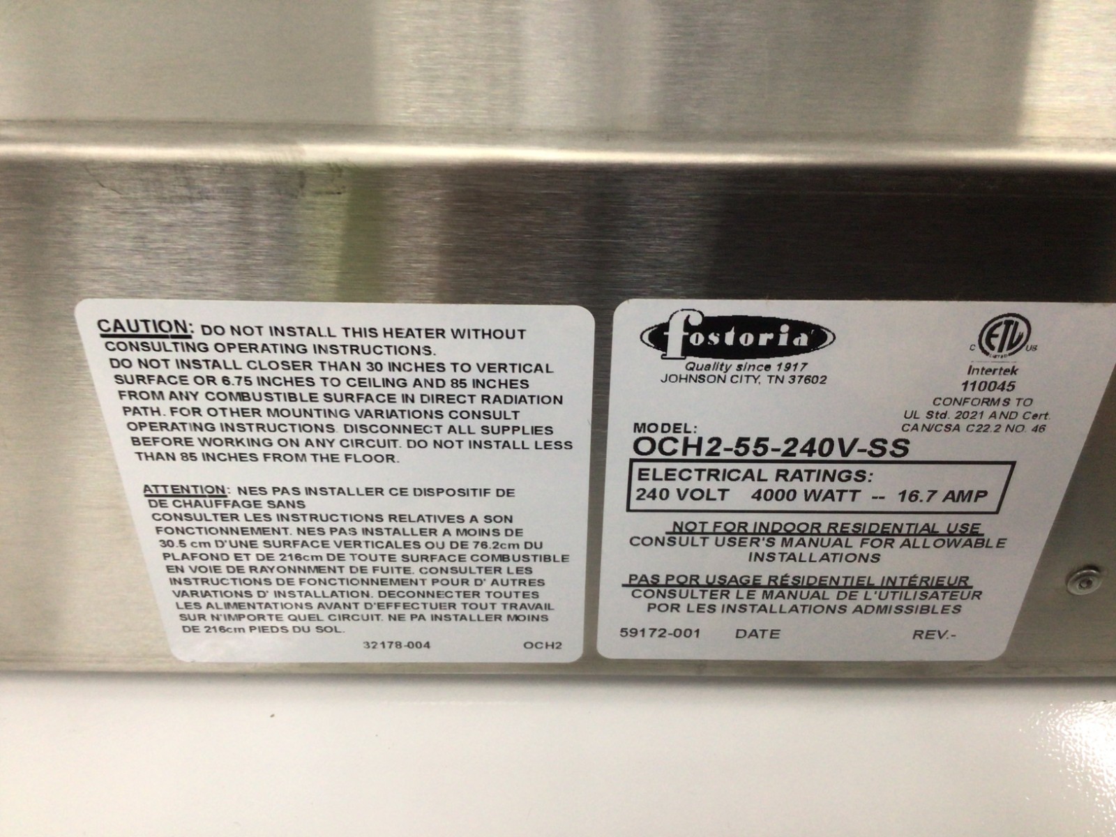 Fostoria Och2-55-240V-Ss Electric Infrared Heater, 240V Ac, 1 Phase