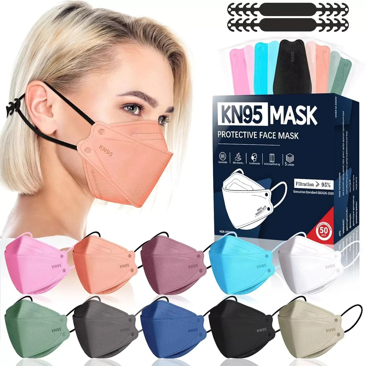 50 Pack KN95 Face Masks 5 Layer Disposable Adults Dust Smoke Hospital, Free Ship