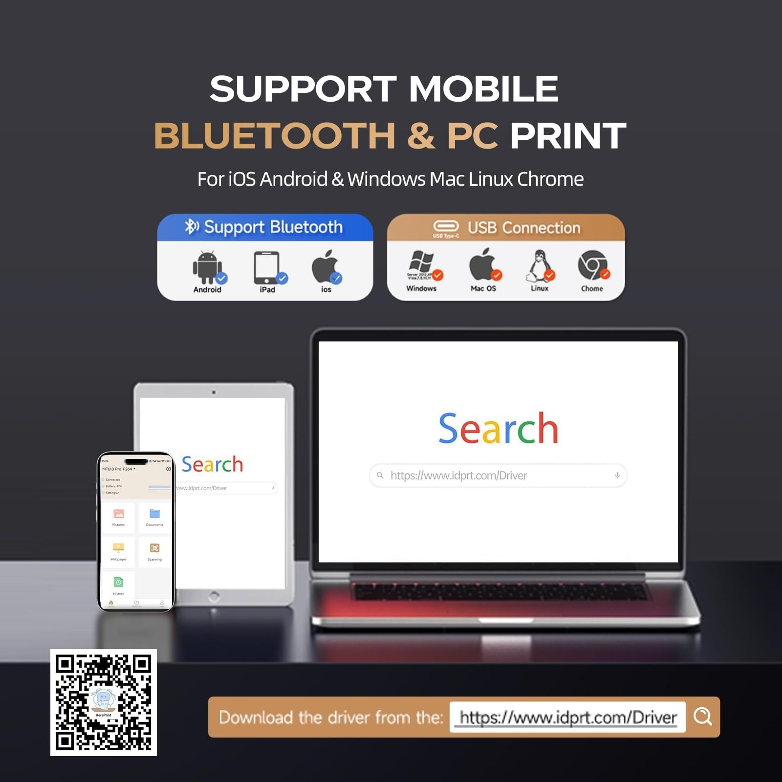 iDPRT MT610 Pro Portable Wireless Printer 300DPI Thermal for PC Smartphone White