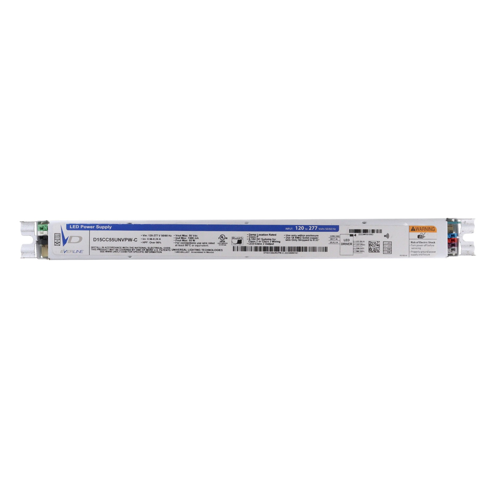 UNIVERSAL D15CC55UNVPW-C DIMMABLE LED DRIVER, 56V, 1500MA, 55W, 120-277V