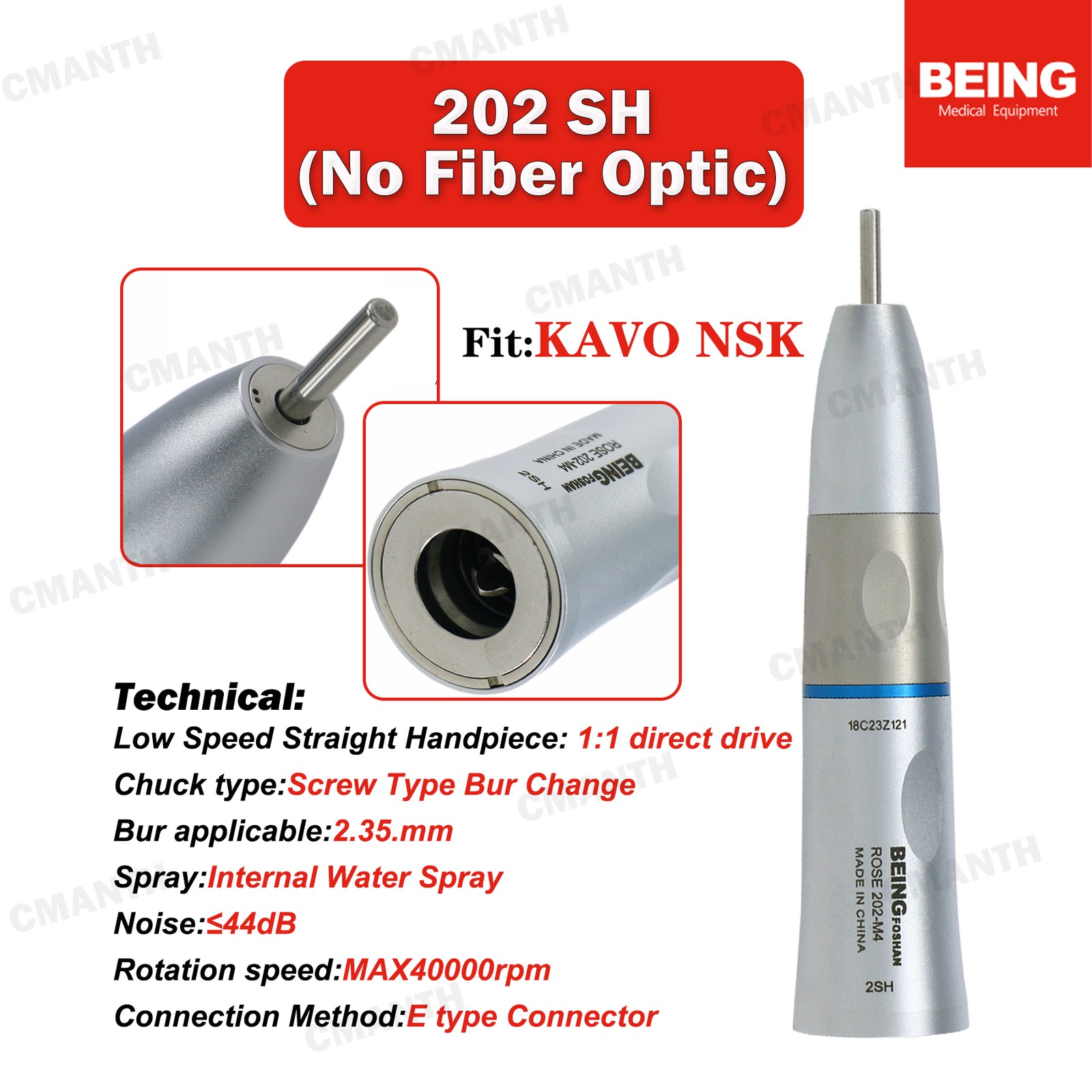 BEING Dental Low Speed Handpiece Contra Angle1:1 20:1Fiber Optic2/4/6H Air Motor