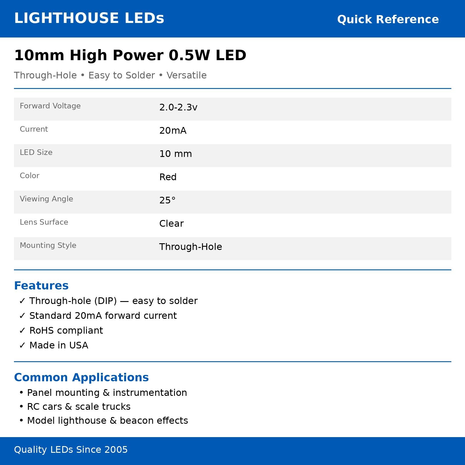 10 x LED 10mm Red .5 Watt Ultra Super Bright High Power LEDs 0.5w half 1/2 Boat
