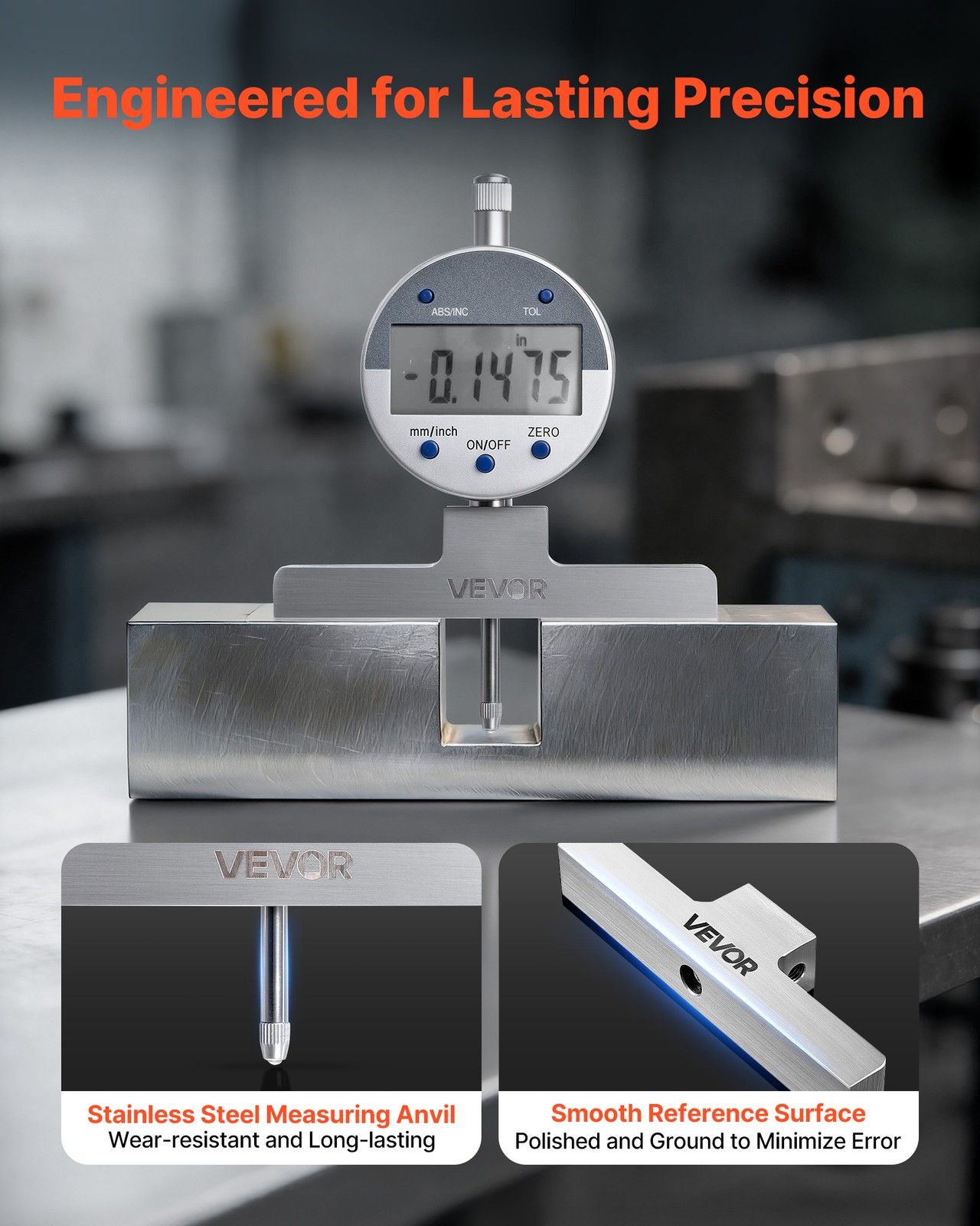VEVOR Digital Depth Gauge 0-22in Range Precision Micrometer with 4 Anvils