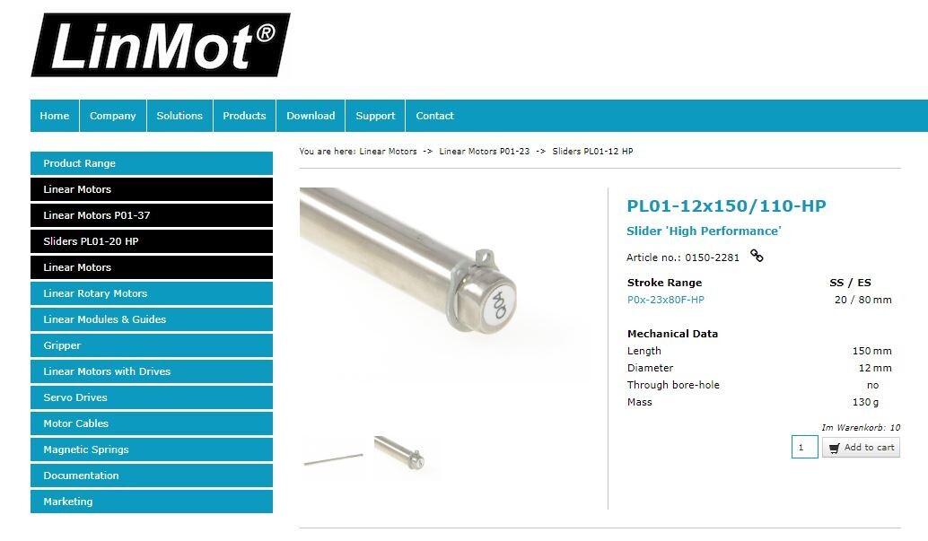 LinMot 0150-2281 PL01-12×150/110HP Hi-Performance Slider 12mm OD, 150mm L, 20-80