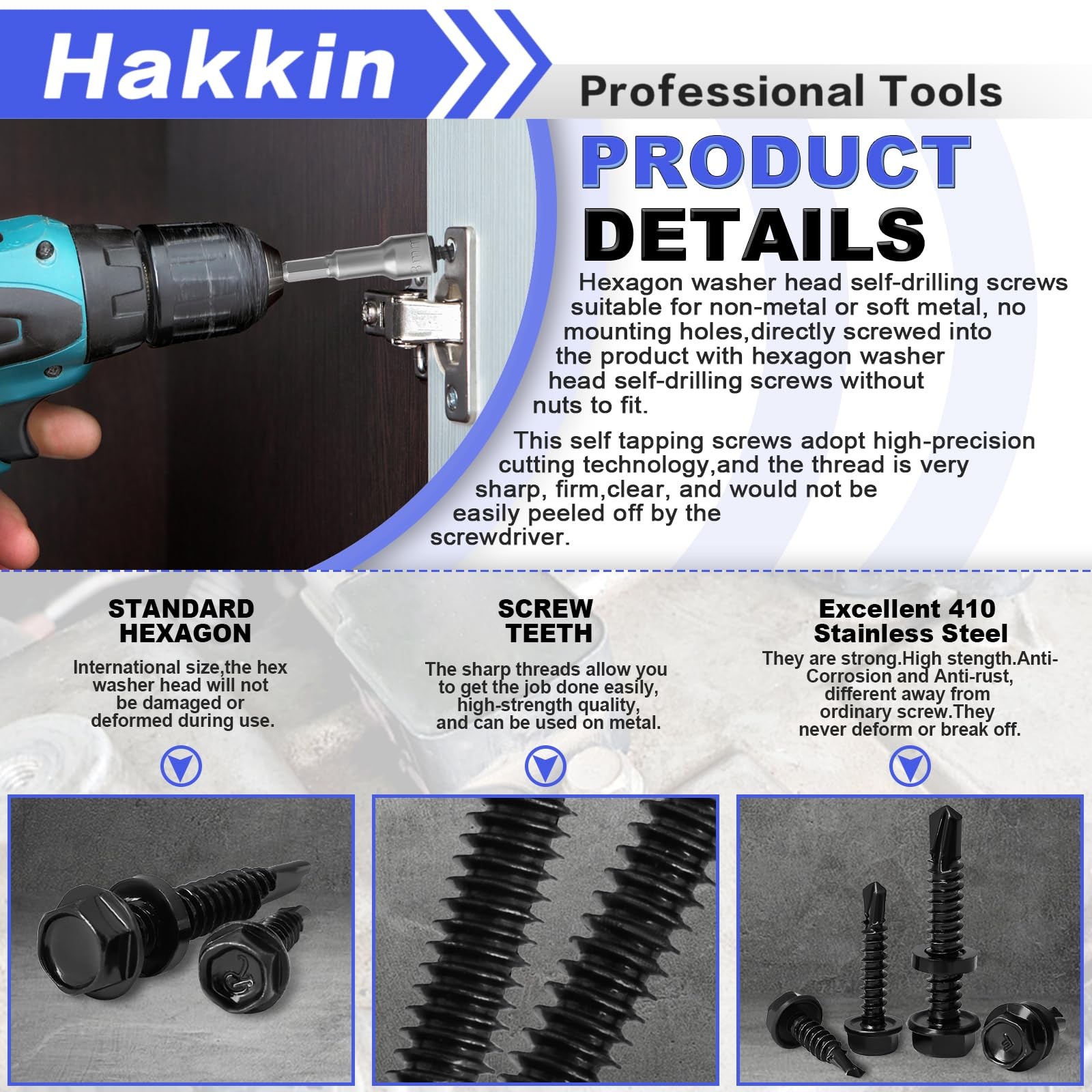 593Pcs Hex Washer Head Self-Drilling Screws, #8#10#12#14 Self Tapping Screws Ass