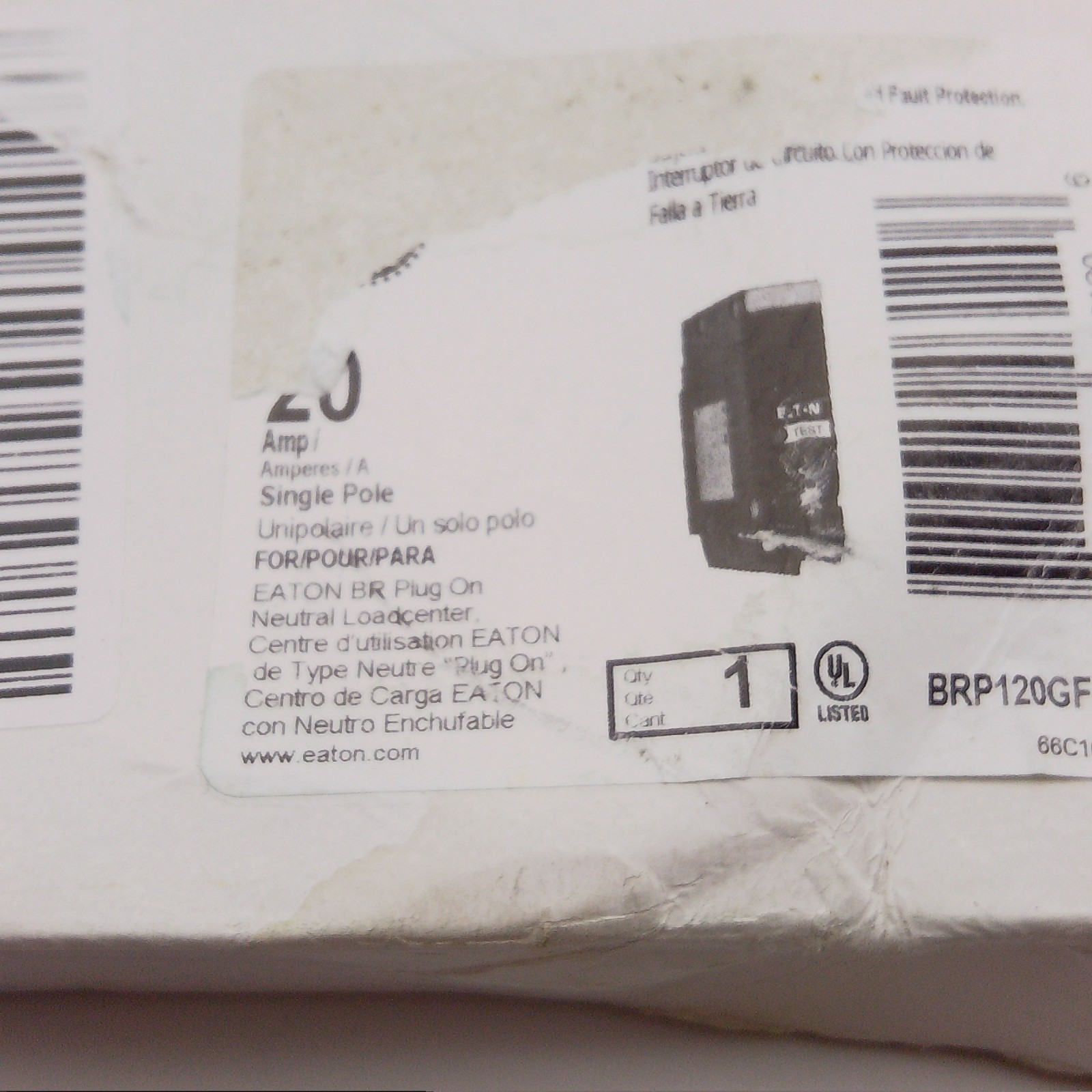 Eaton BRP120GF 20A 1-Pole 120/240V Type BR Plug-On Neutral GFCI Circuit Breaker