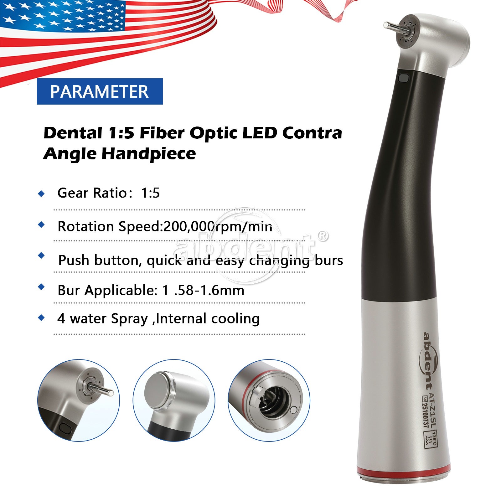 Abdent Dental 1:5 Handpiece LED Fiber Optic Increasing Contra Angle CE FDA