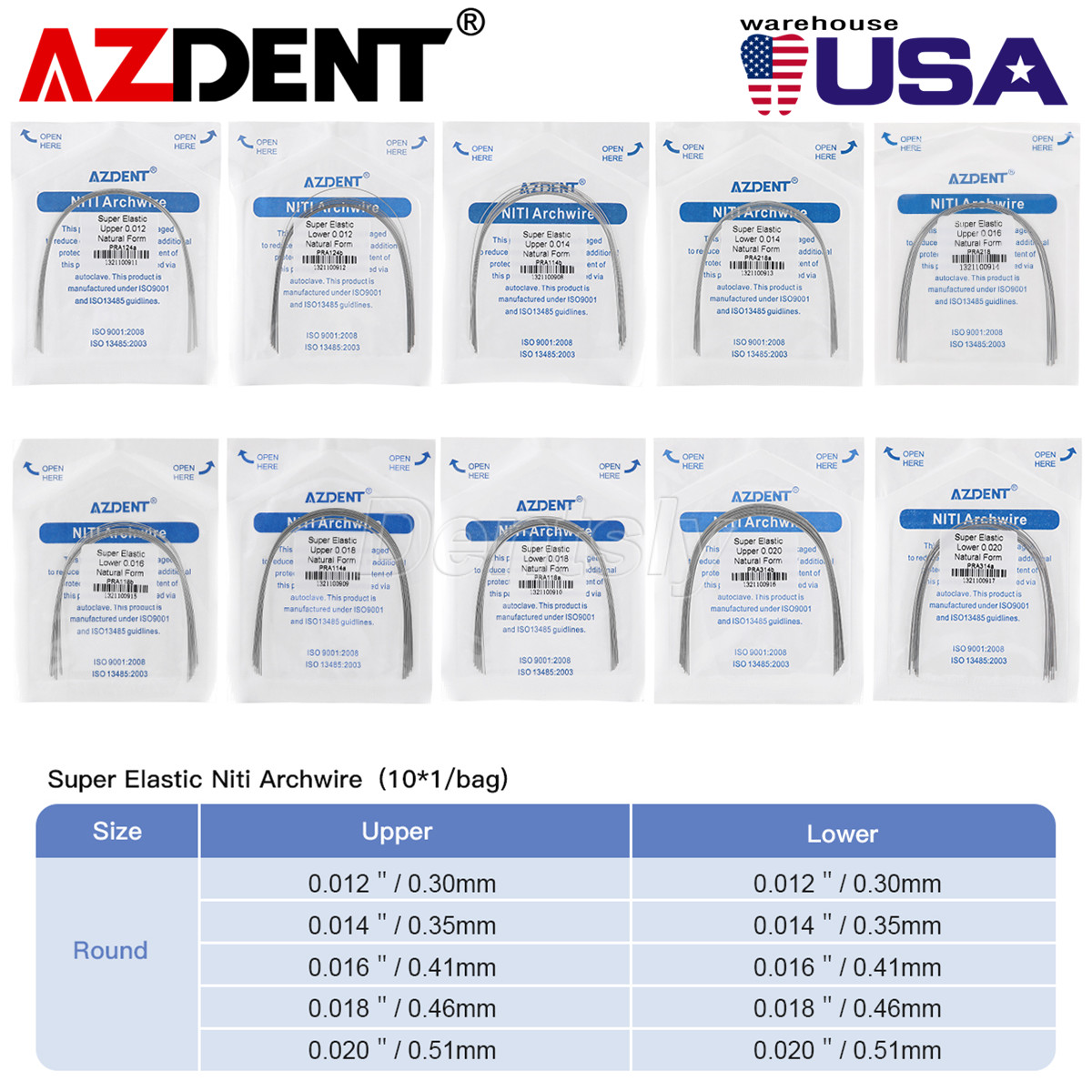 AZDENT arcos de ortodoncia niti super elástico circular forma natural dental USA