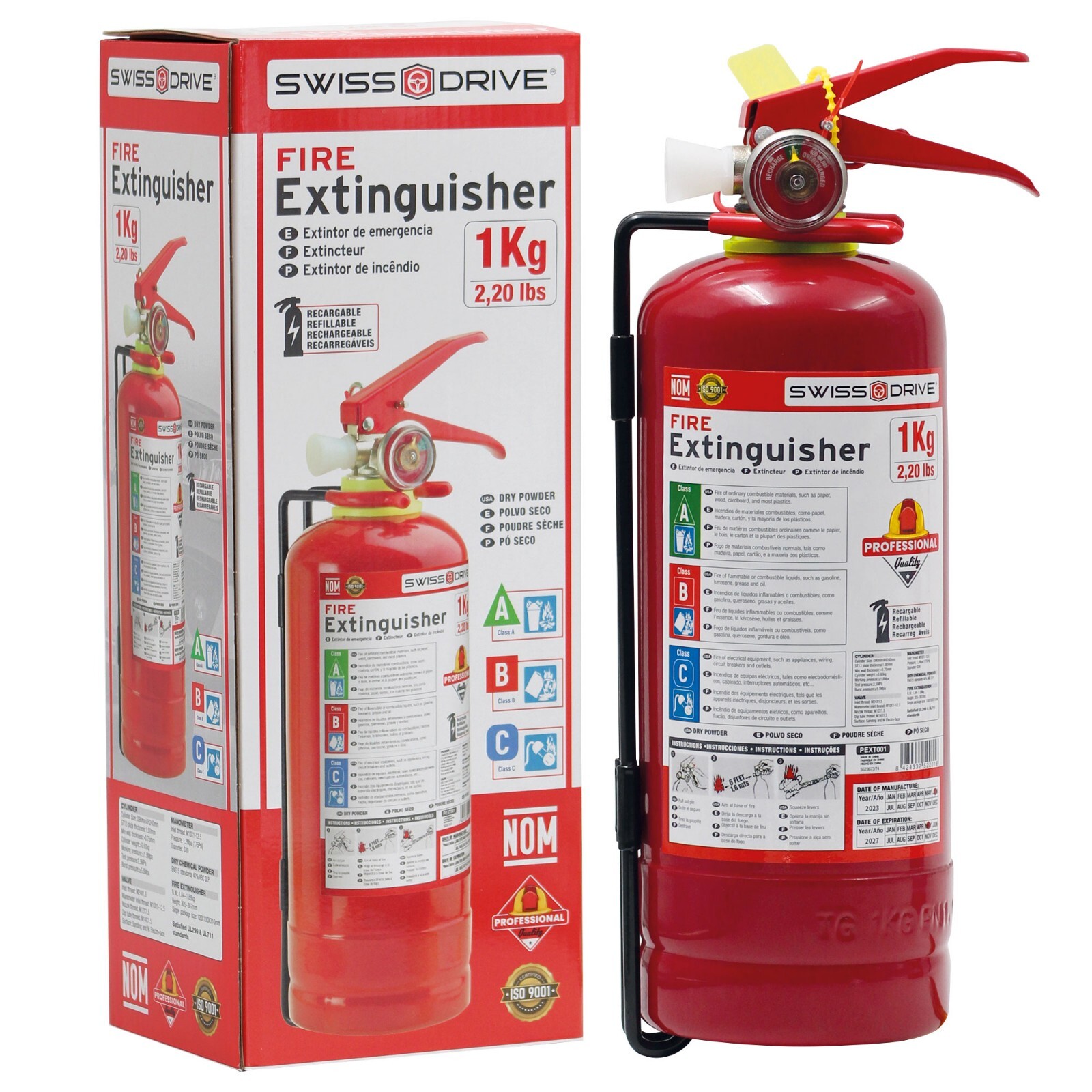 Fire Extinguisher Rechargeable Home Kitchen Car 1 Kg 2.2 lbs Portable ABC Class