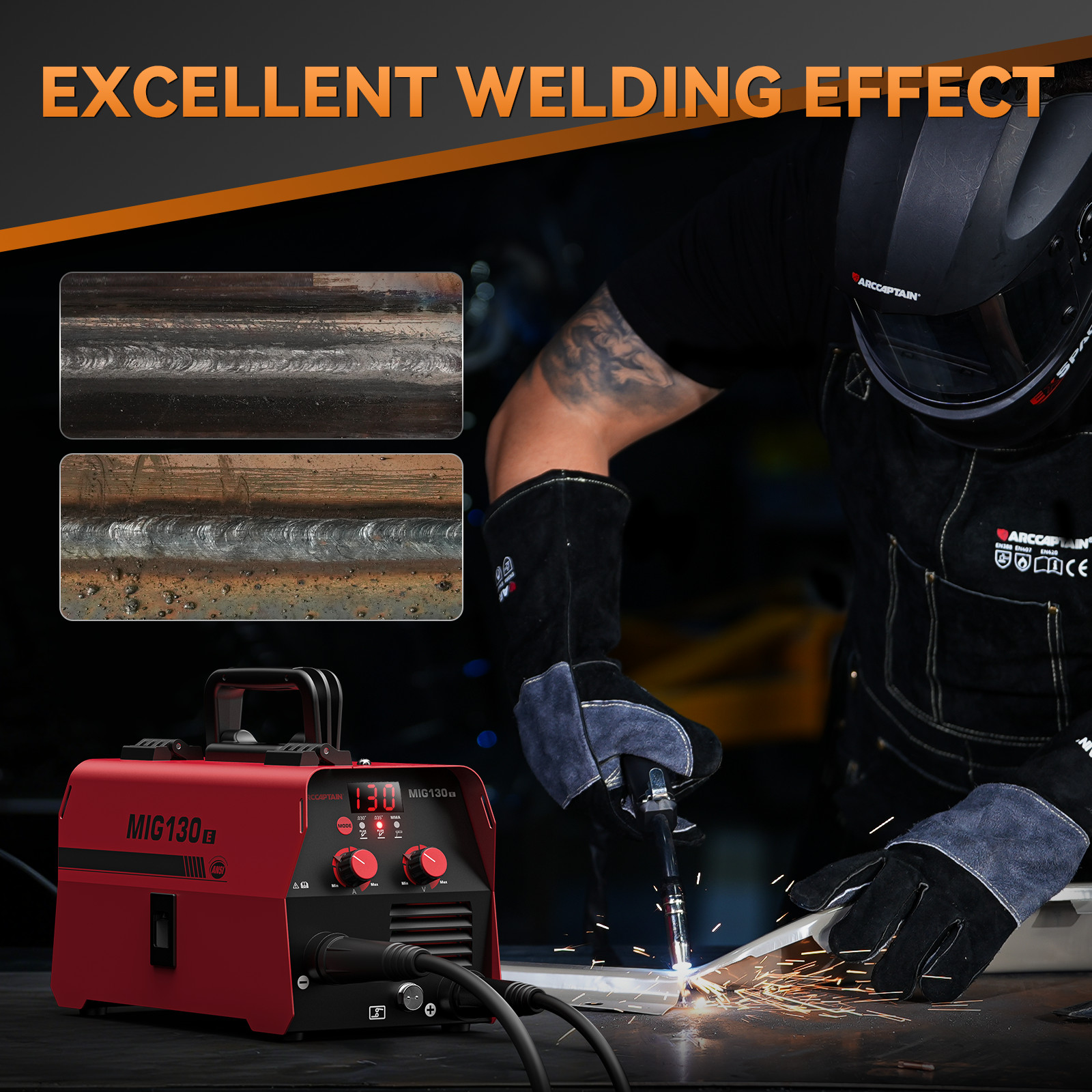 ARCCAPTAIN MIG130 130A 3-in-1 MIG/TIG/MMA Welder w/Digital Screen, O.C O.H Prote