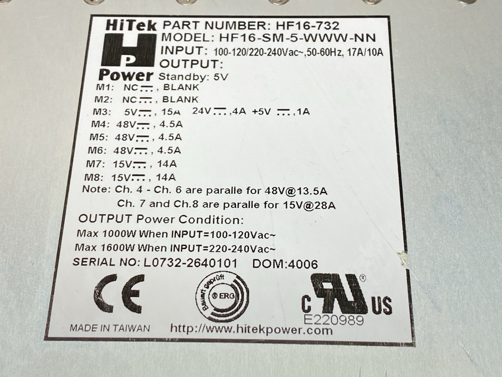 HITEK Power HF-16-SM-5-WWW-NN High Voltage Power Supply 1000W/1600W HF16-732