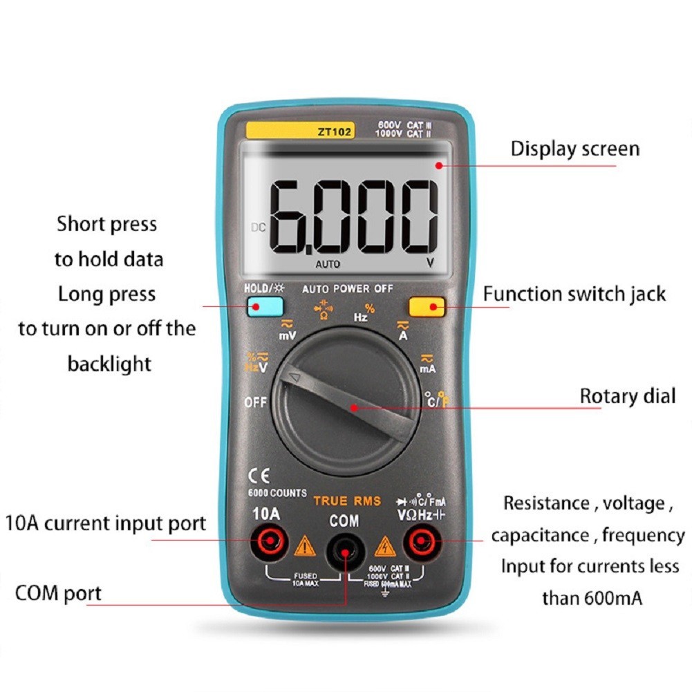 ZT102 Smart Multimeter Auto Range 6000 Counts Backlight Data Hold Function