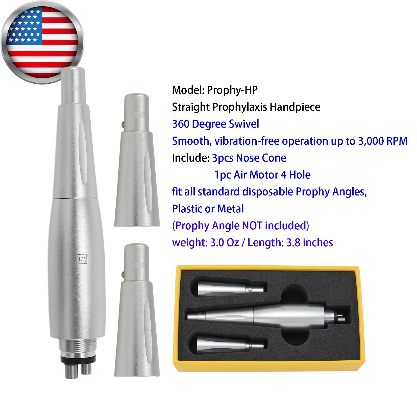 Dental Prophy Handpiece 4:1 1:1 Straight Nose Cone Air Motor 4 Hole NSK HP-44M