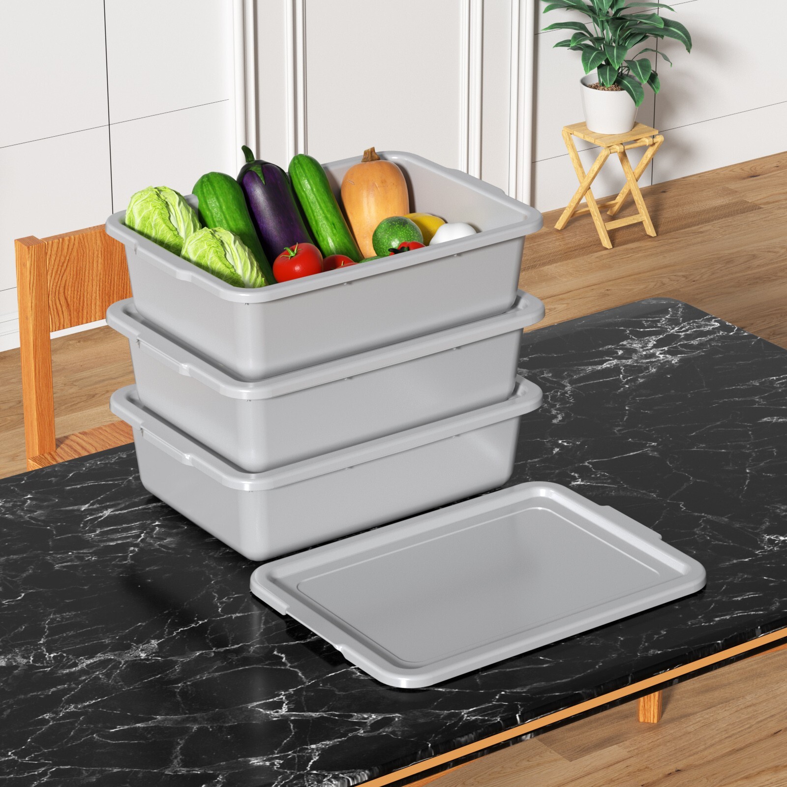13 L Plastic Commercial Bus Box with Lid, Plastic Restaurant Bus Tub, 12-Packs