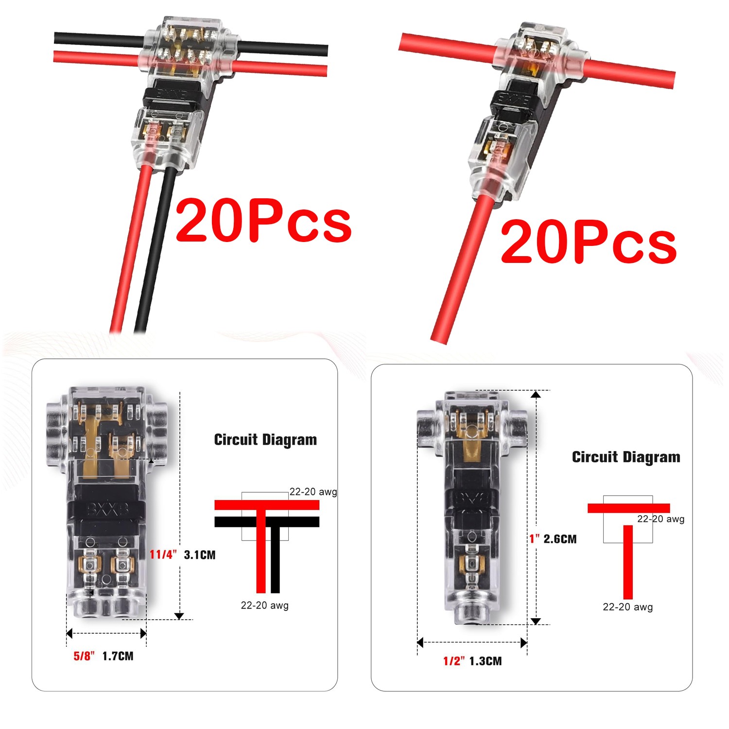 40PC 2-Pin+1-Pin T-Tap Wire Connectors,Clear,Solderless 3-Way AWG 24–20/18